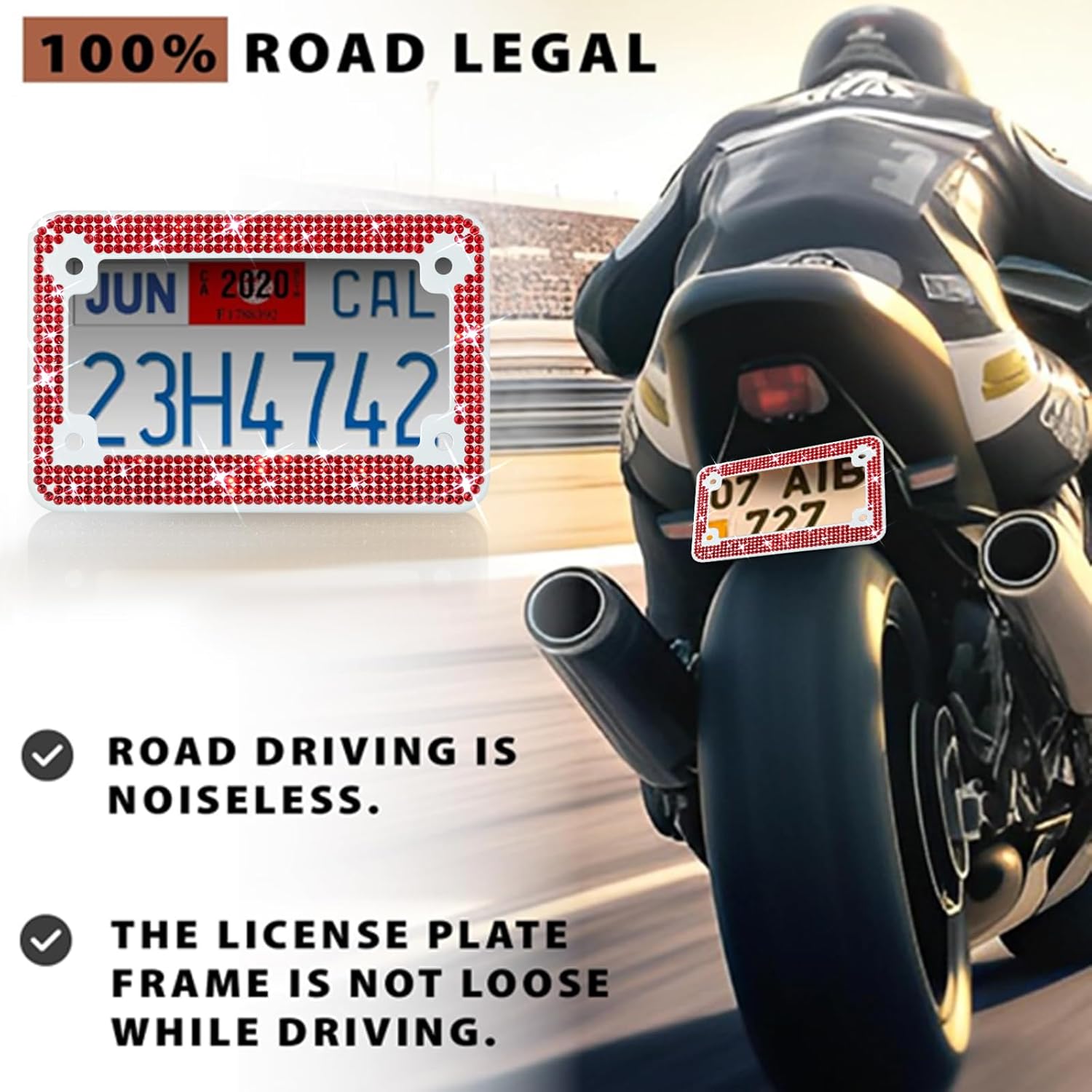 XCLPF Marcos de matrícula rojos brillantes para motocicleta,Soporte de placa de motocicleta con diamantes de imitación,Cubierta de placa de