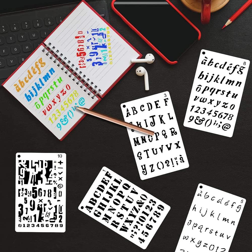 ELENTGE Plantillas de letras, 12 plantillas para manualidades, plantillas de alfabeto de 4 x 7 pulgadas, plantillas de manualidades, plantillas de
