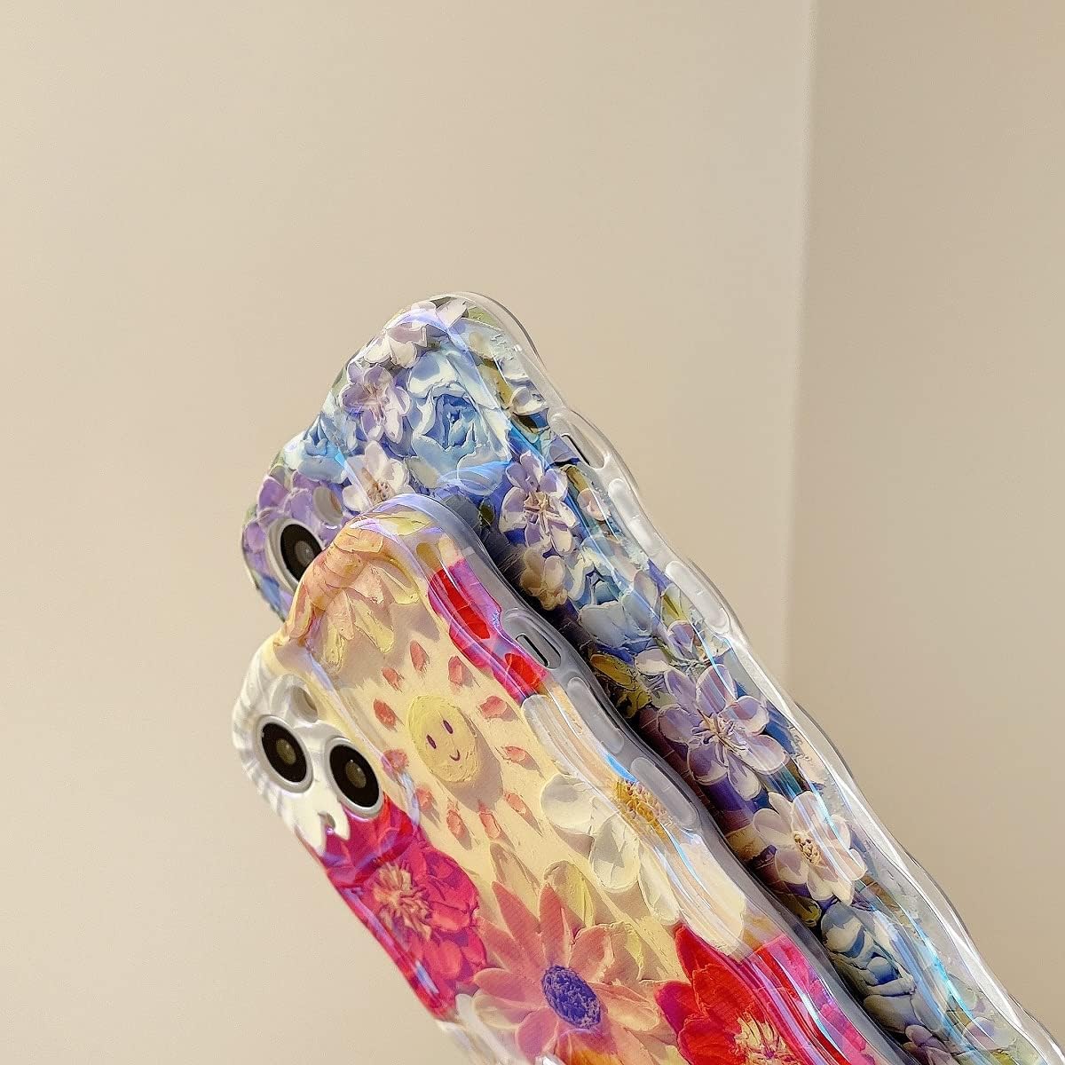 Funda para iPhone 13 Pro, lindo diseño de borde ondulado transparente IMD con flores de patán, duradera, a la moda, retro, de silicona, funda