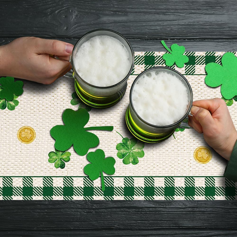 Camino de mesa Happy St Patrick’s Day Buffalo Plaid Three Gnomes Irish Green Lucky Shamrock Camino de mesa de decoración de mesa de cocina comedor