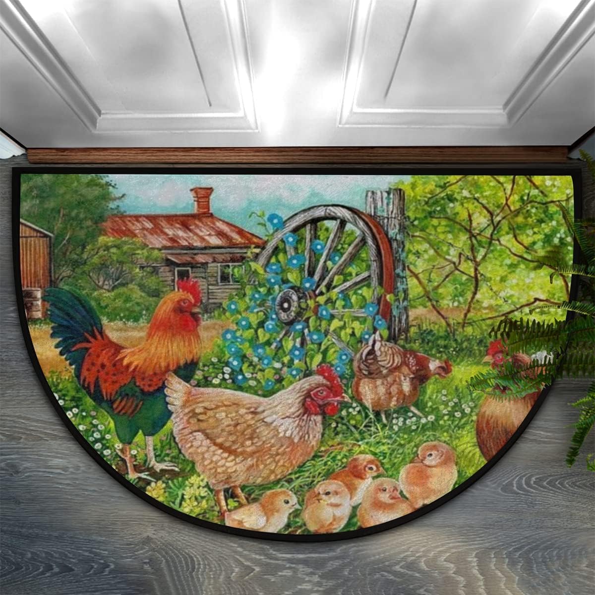 Alfombra de baño retro de estilo rural con gallo, medio círculo, alfombra de decoración del hogar, alfombra de entrada de bienvenida para interiores