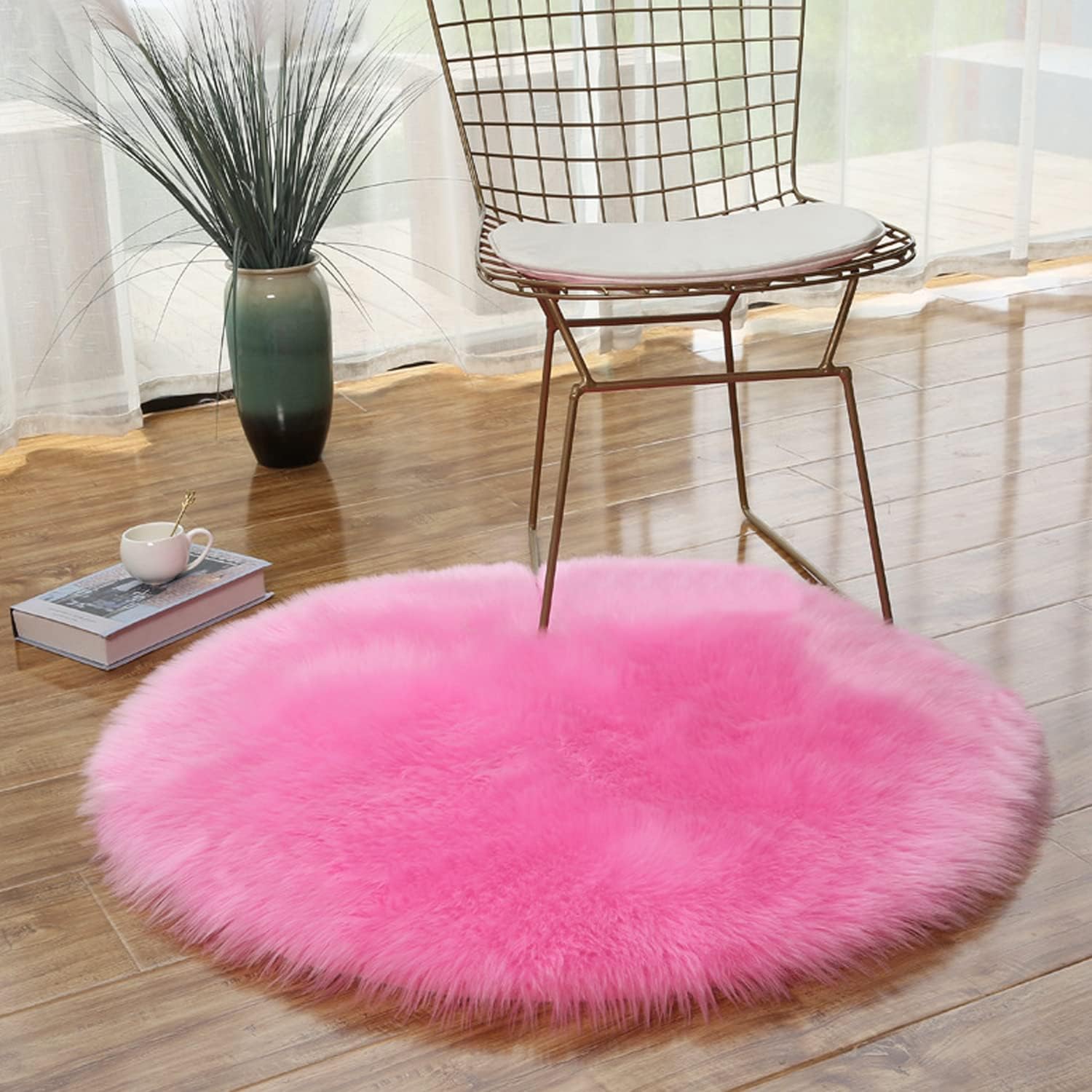 Alfombra redonda de piel sintética con círculos de color rosa y esponjosa, alfombra circular de felpa para el suelo, para dormitorio, sala de estar,