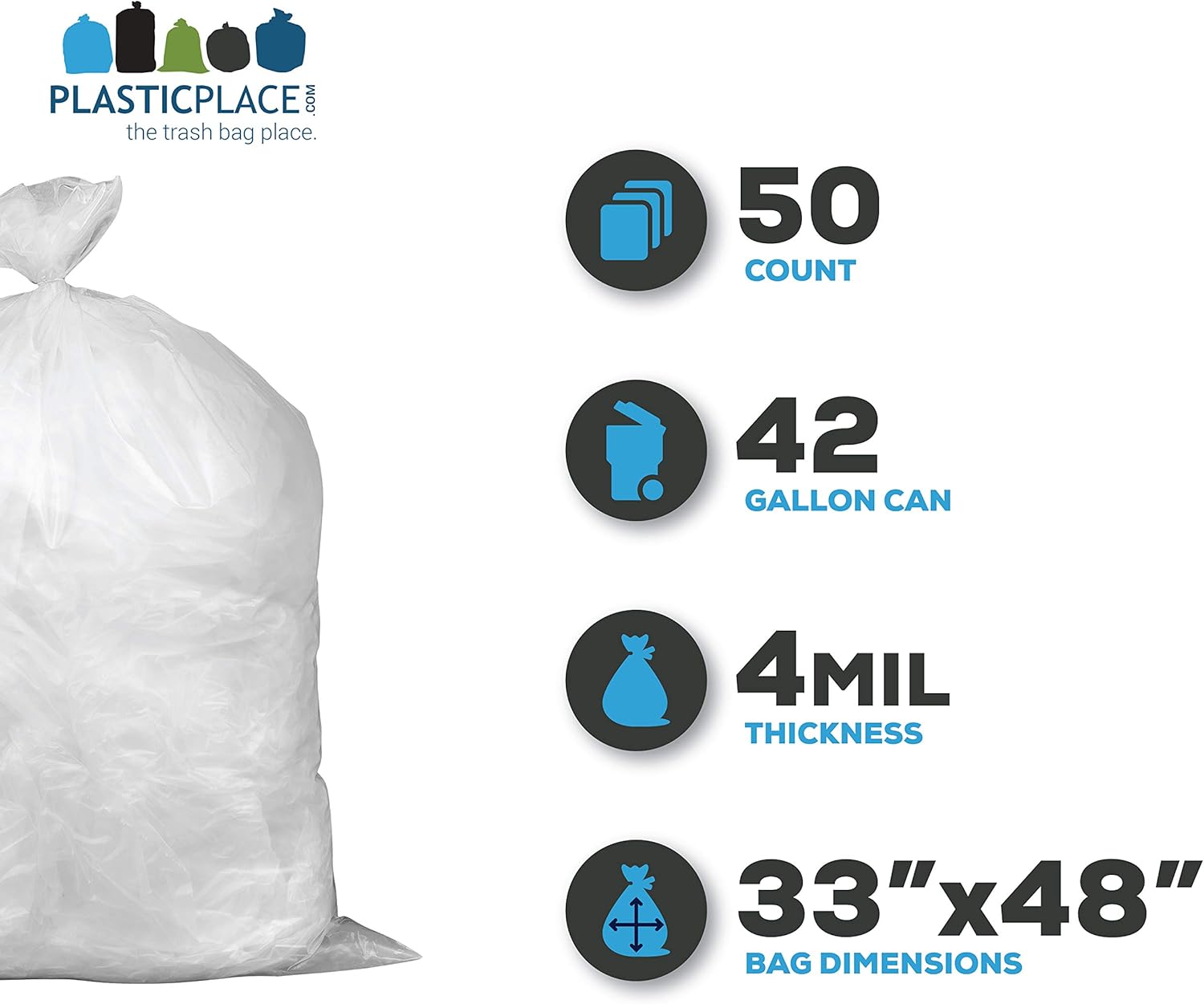 Plasticplace Bolsas de basura para contratistas de 42 galones  Bolsas de basura transparentes resistentes de 4.0 mil.  33 x 48 pulgadas (50 cajas)