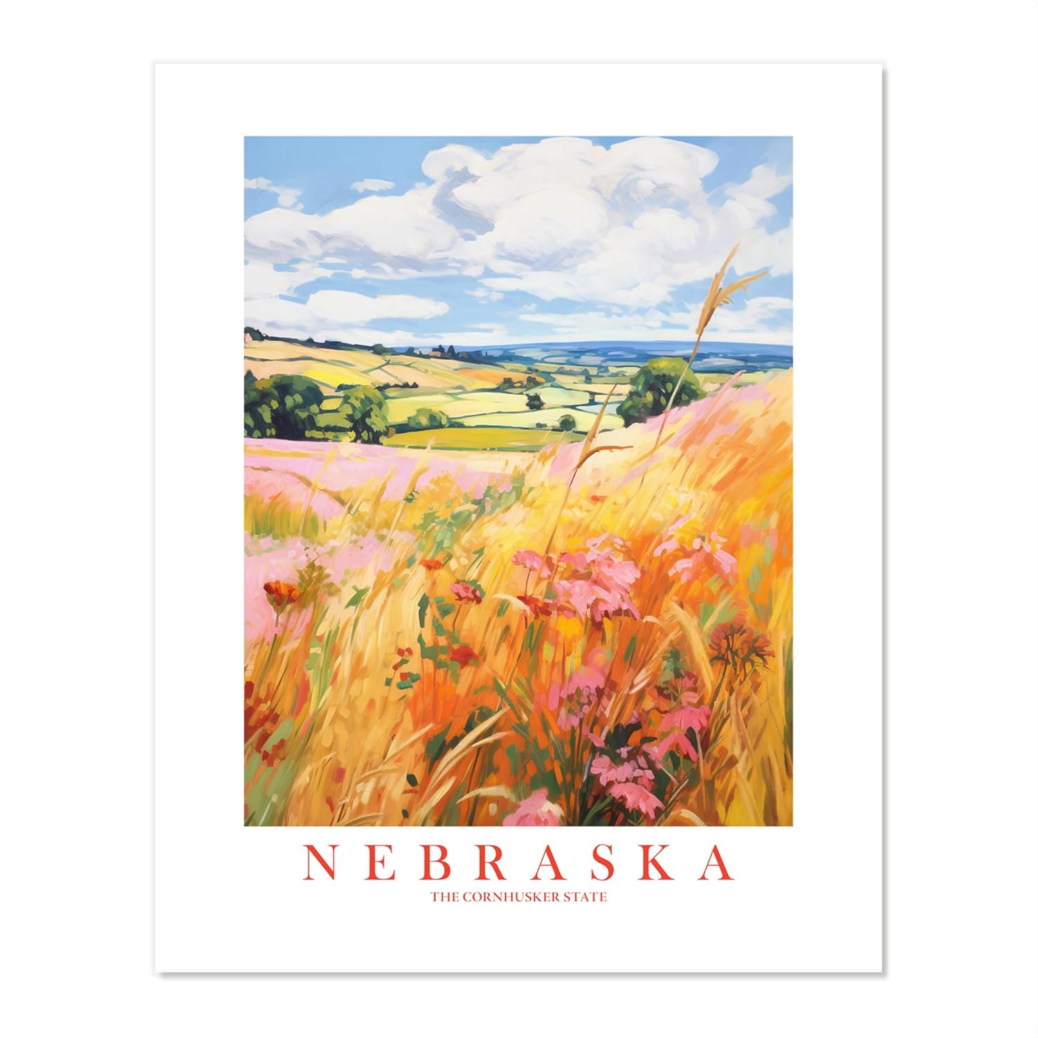 Nebraska Travel Print Cornhusker State Souvenir Yellow Orange Pink Wall Art Retro Poster Scenic Landscape Painting (8×10 inches)