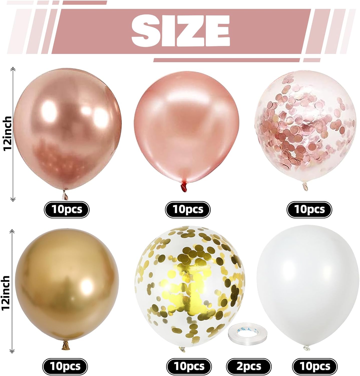Globos de confeti de oro rosa, 60 paquetes de globos de fiesta de oro rosa metálico de 12 pulgadas y oro cromado con cinta para niñas y mujeres,