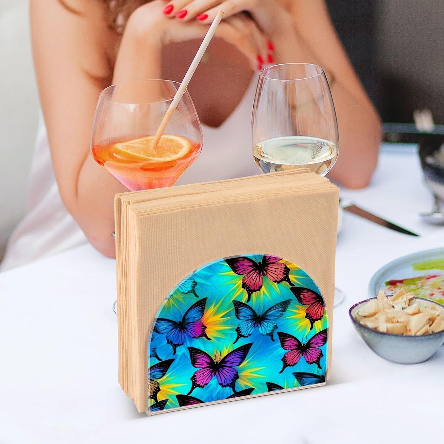 Napkin Holder Butterfly Blue Purple Napkin Holders for Tables, Clear Acrylic Napkin Holders Cocktail Napkin Holder for Kitchen Restaurant Bar Home