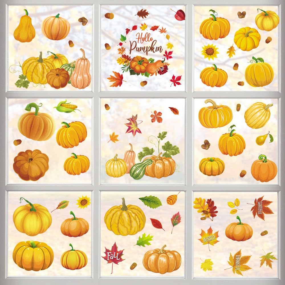 Hying 9 hojas de calabazas de otoño para ventana, calcomanías de Acción de Gracias para ventana, calcomanías estáticas de otoño con hojas de otoño