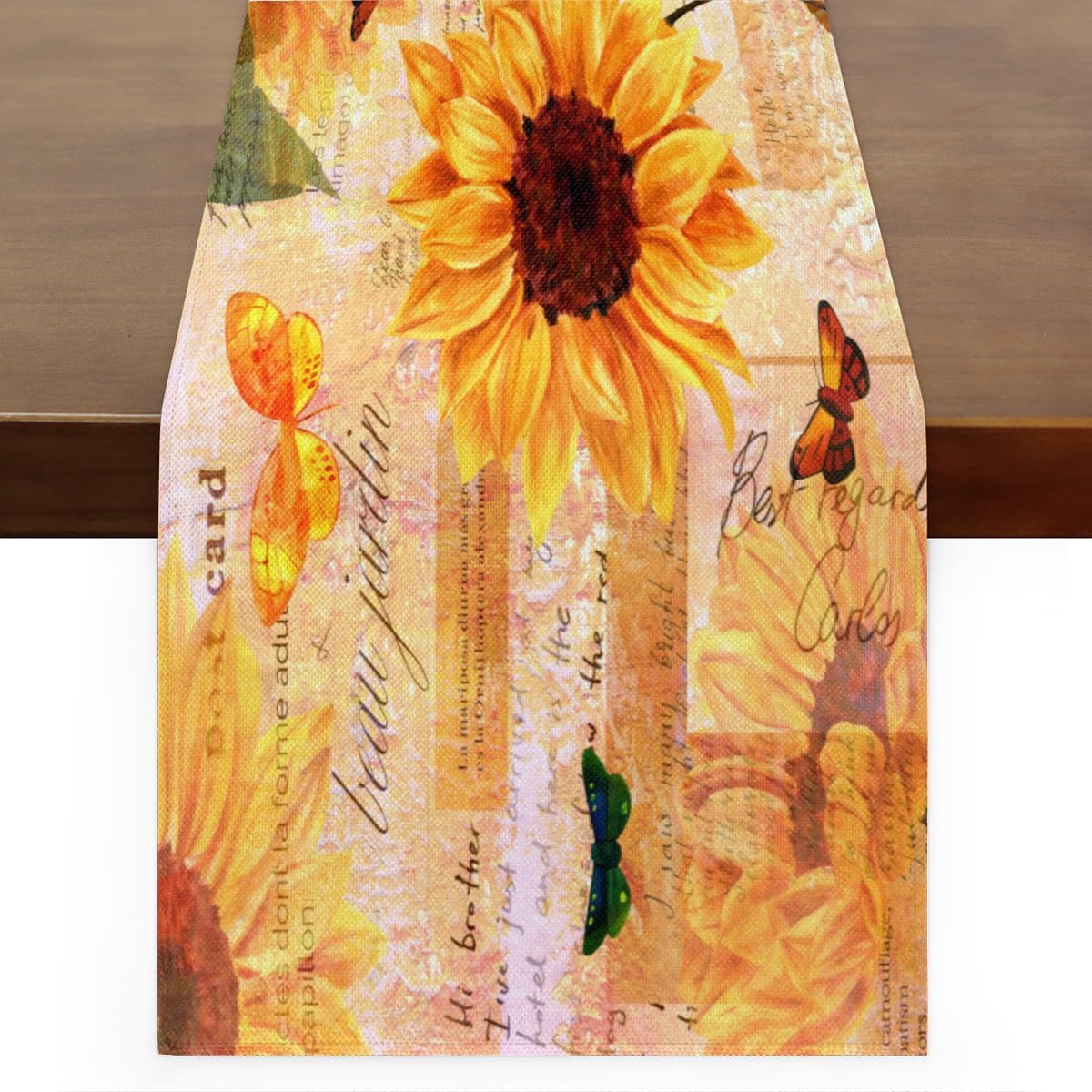 Table Runner Watercolour Sunflower, Rustic Linen Table Cloth for Farmhouse Kitchen, Dinner, Events, Party, Holiday Table Decor 13 x 60 Inches