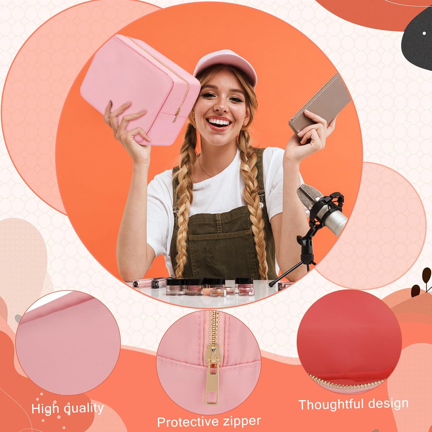 6 bolsas de cosméticos extra grandes de nailon con cremallera para lápices, artículos de tocador, bolsa de viaje, bolsa de viaje para mujer, Rosado