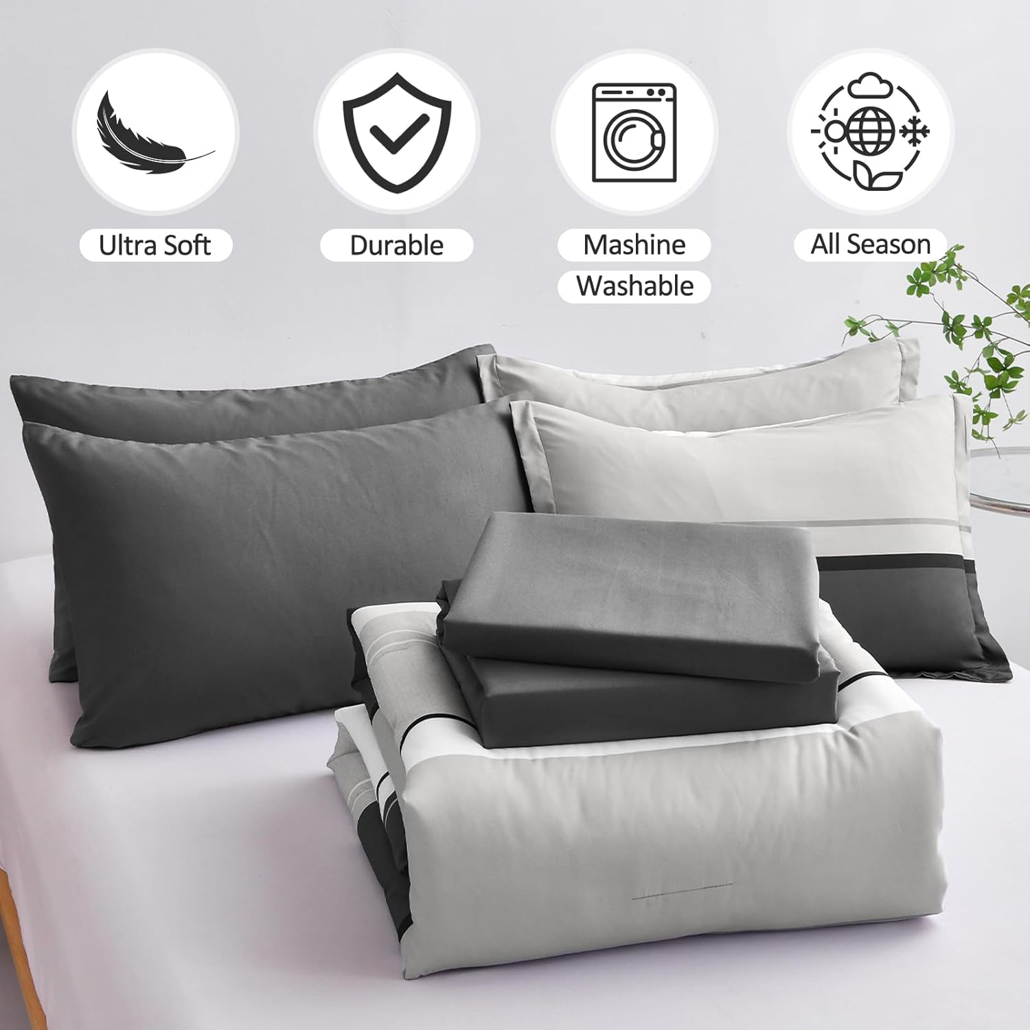 Mybedsoul Juego de edredón tamaño Queen de 7 piezas, juego de edredón a rayas grises y negras, juego de edredón alternativo de microfibra suave para