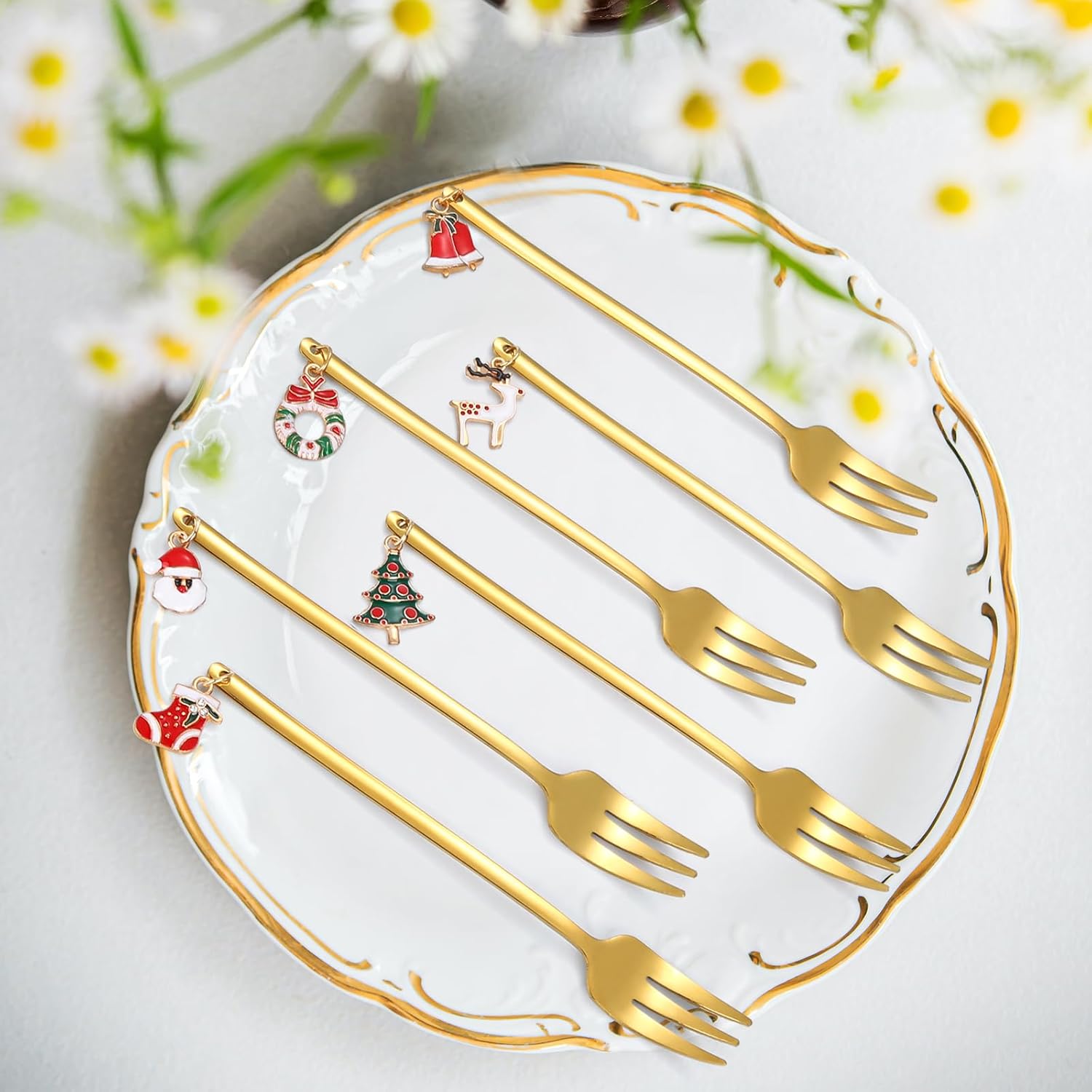 Juego de cubiertos dorados de Navidad de acero inoxidable, 6 piezas con mango de abalorios de Navidad, perfecto para ensalada, café, revolver y