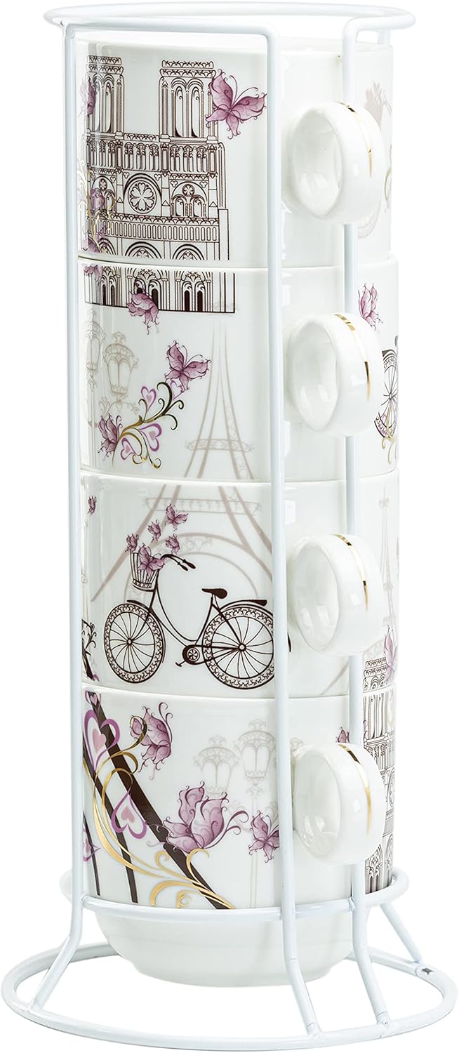 Juego de 4 tazas apilables de café y té de 10 onzas con soporte de metal blanco (Torre Eiffel de París, oro rosa)