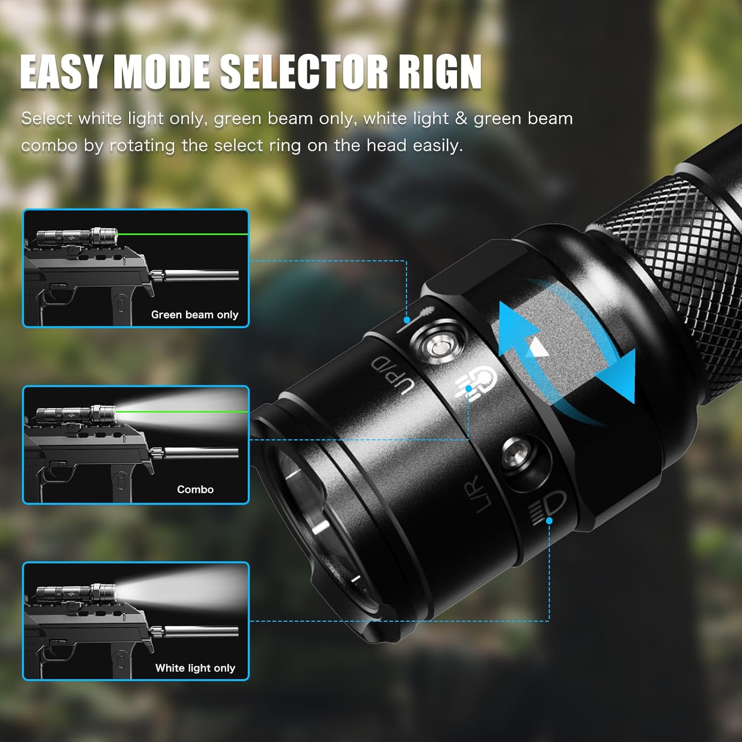 Linterna táctica láser verde combo recargable, 1250 lúmenes Picatinny montaje arma luz láser con interruptor de presión remoto, montaje en riel