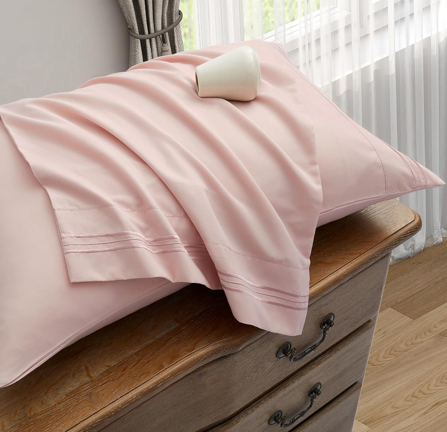 TREELY Juego de sábanas de tamaño Queen de 6 piezas de microfibra cepillada de color rosa polvoriento, sábana bajera ajustable y sábana encimera y 4