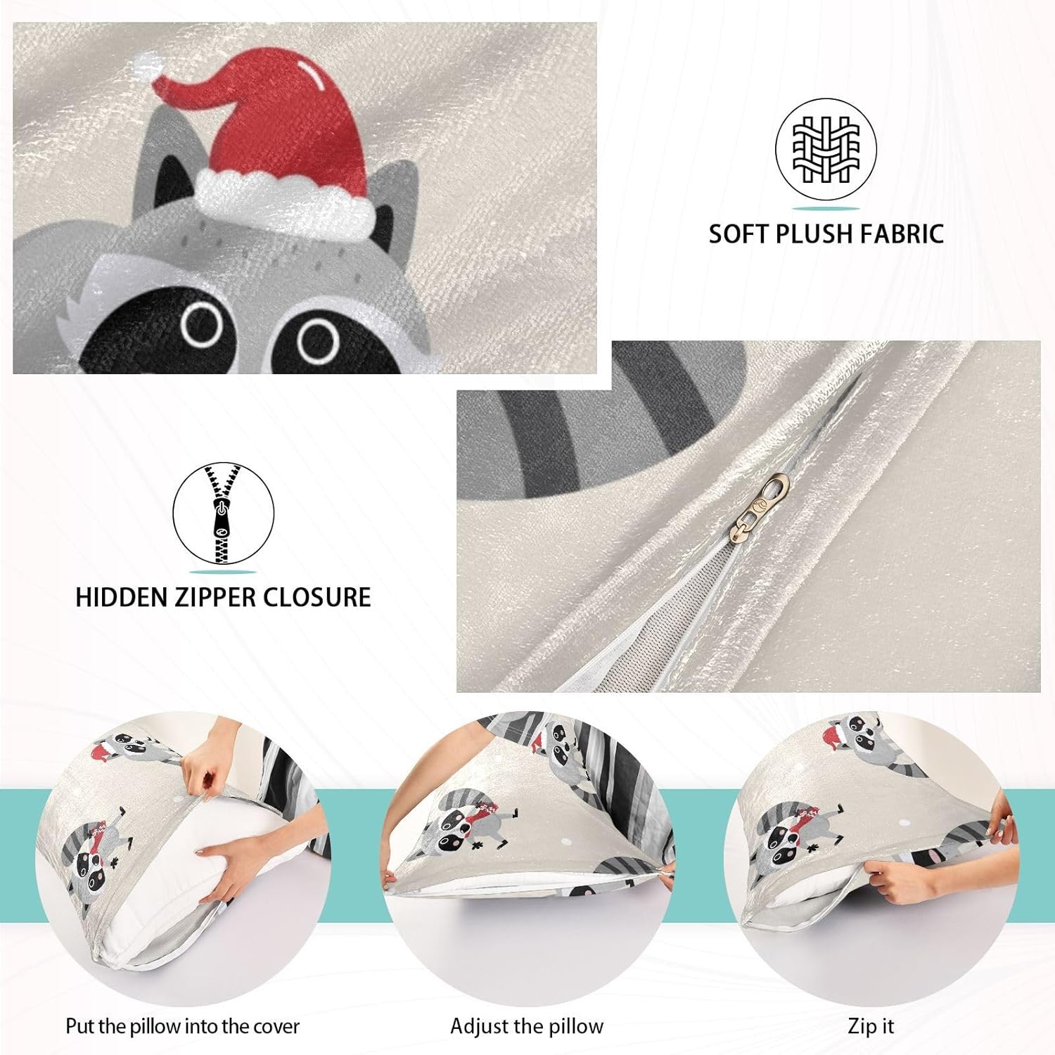 Emelivor Fundas de almohada navideñas de mapache, fundas de almohada de terciopelo, fundas de cojín suaves, fundas de almohada cómodas, almohadas