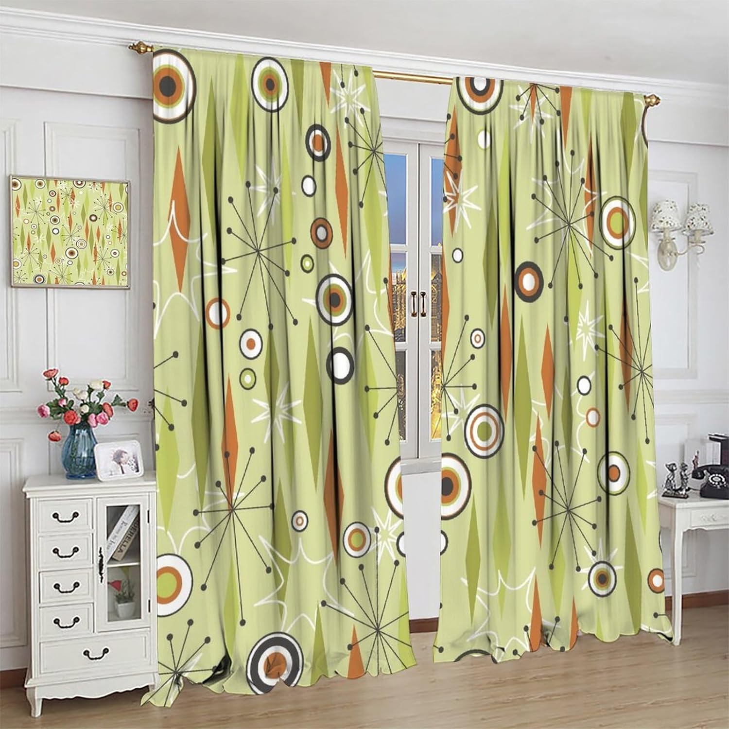 JESTRONRY Cortinas de mediados de siglo, estilo vintage de los años 50, diseño atómico retro moderno, con bolsillo para barra, cortinas opacas para
