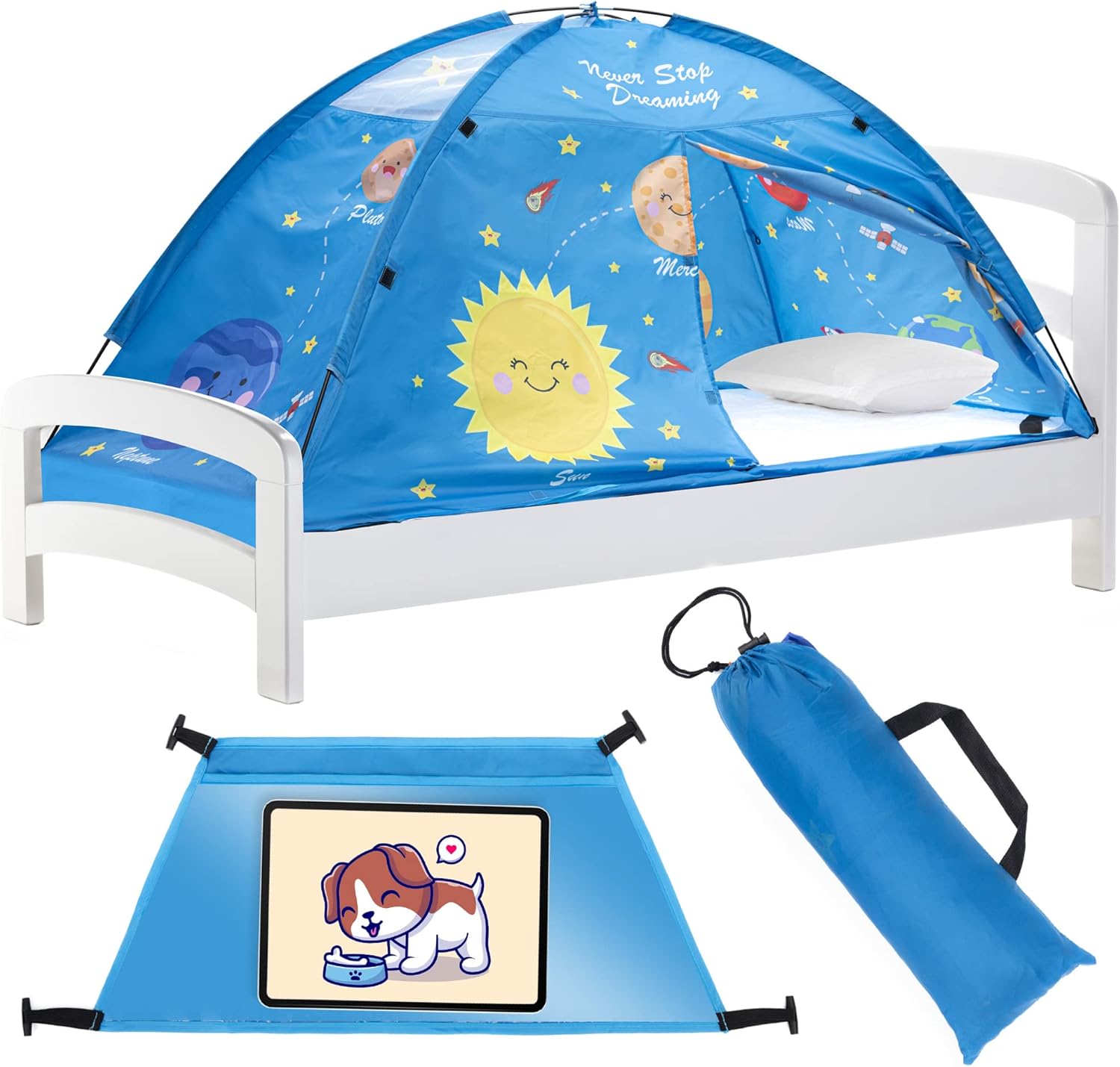 Tienda de campaña para niños, tienda de campaña de cama de tamaño individual para niñas, tienda de campaña de cama individual con sistema solar para