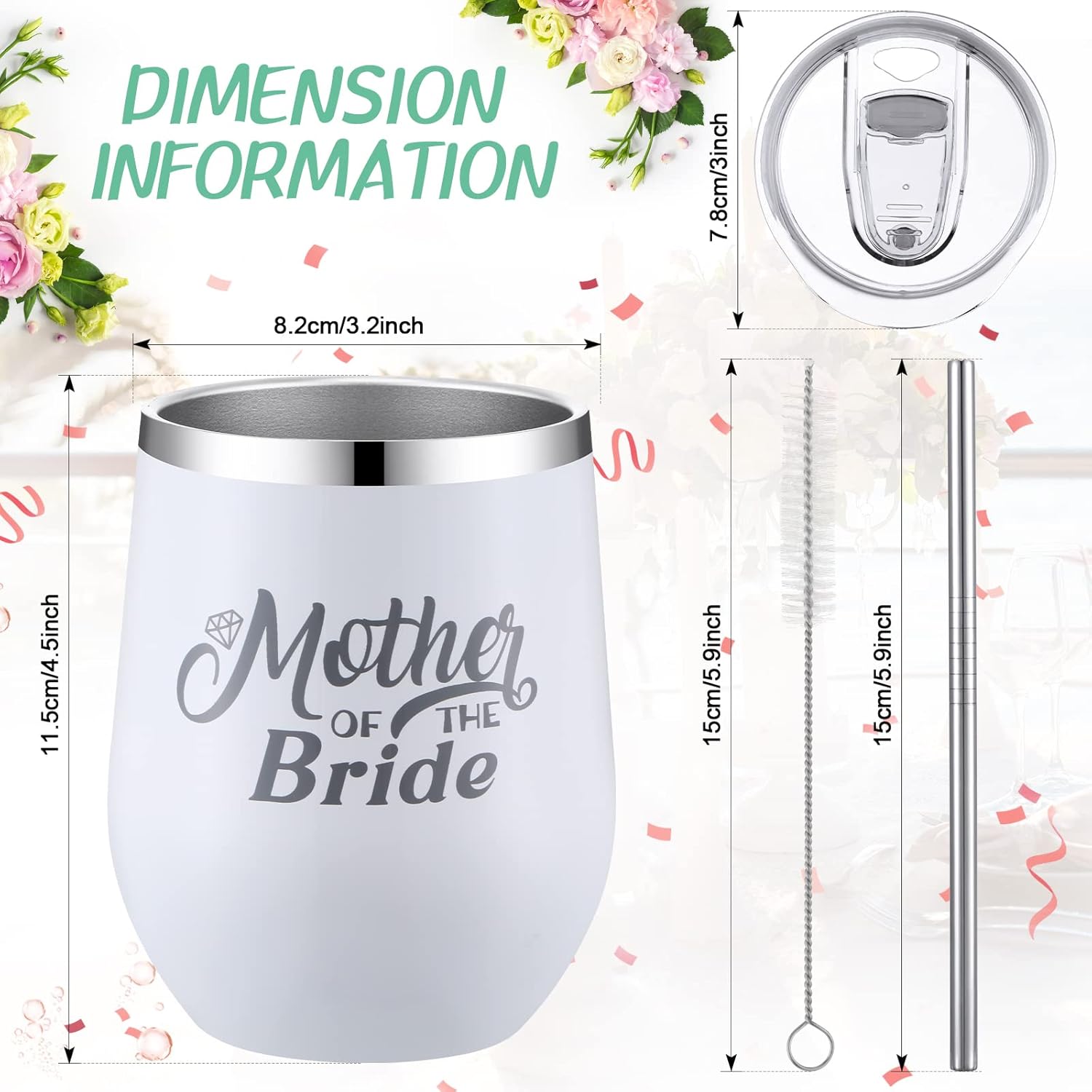 Roshtia 2 vasos grabados de acero inoxidable para madre del novio, taza de café aislada al vacío con tapas, popotes y cepillos para despedida de