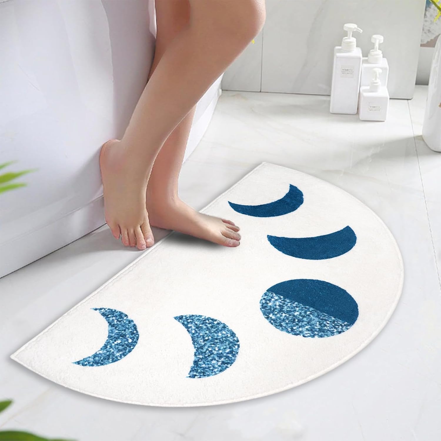Jizrecly Tapete de baño bohemio semicírculo, tapete de baño bohemio semicircular, antideslizante, sol y luna, alfombra media redonda para baño y