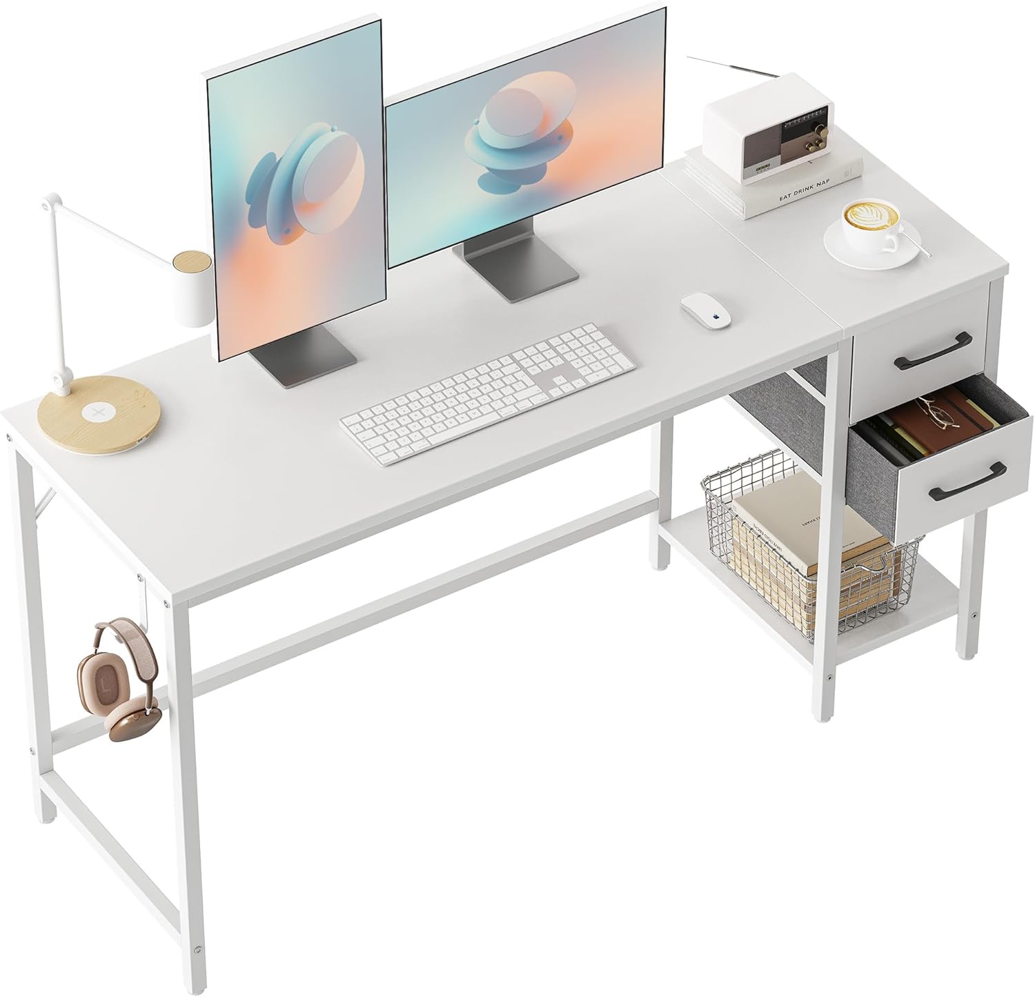 CubiCubi Escritorio de oficina en casa para computadora con 2 cajones, escritorio pequeño blanco de 55 pulgadas, mesa de estudio, escritorio moderno