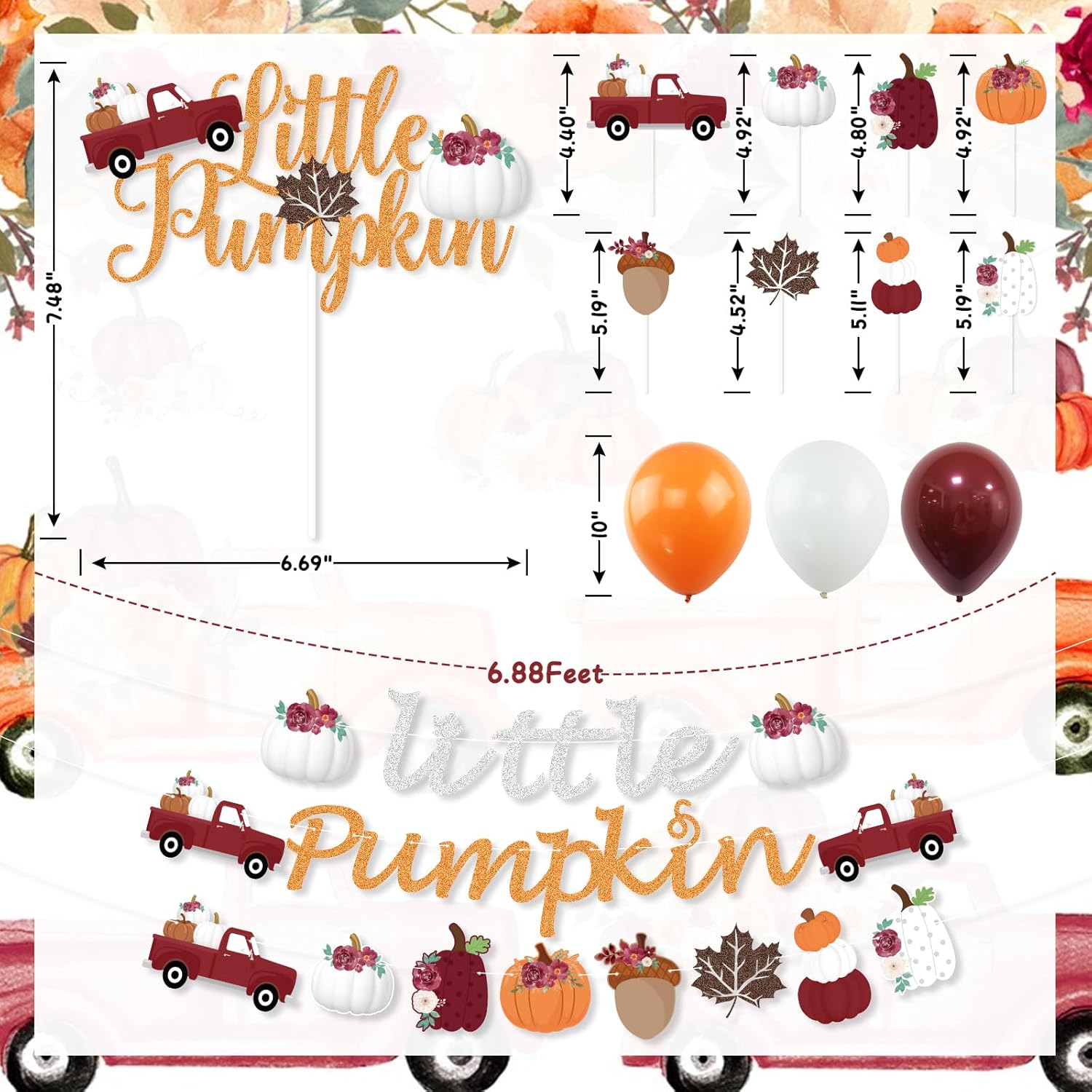 K KUMEED Decoraciones de fiesta de calabaza pequeña, pancarta de calabaza roja y blanca, hojas de otoño, calabaza, camión, decoración de pastel,