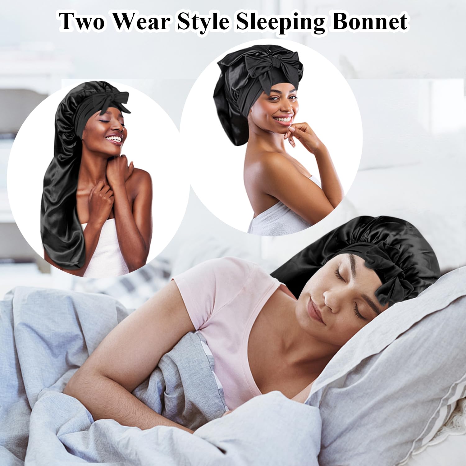 Babalet Gorro de seda para dormir, gorro de satén plegable extra largo con banda de amarre elástica para mujeres negras, accesorio para el cabello
