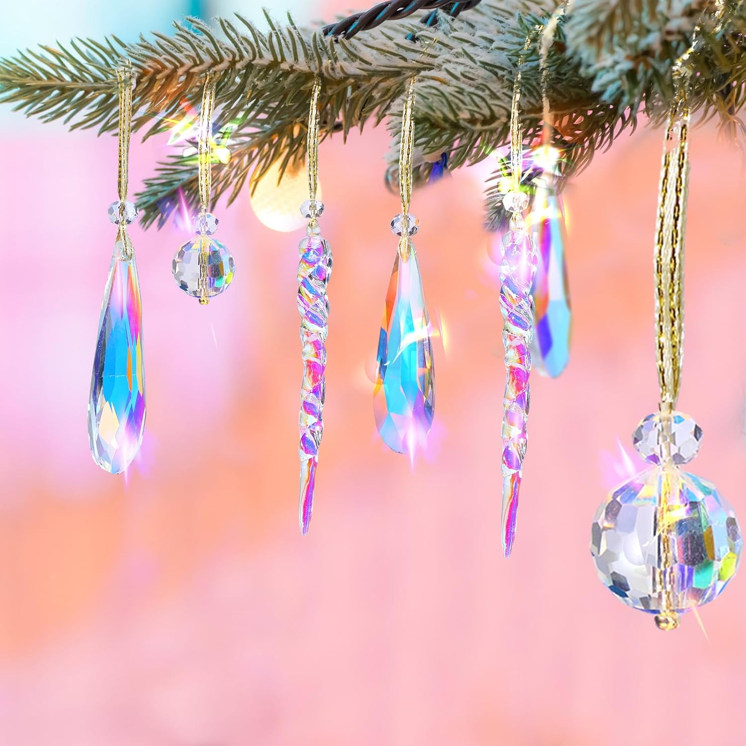 36 adornos de cristal de Navidad para árbol de Navidad, bolas de cristal multicolor, lágrima colorida, prisma colgante, cristales colgantes para