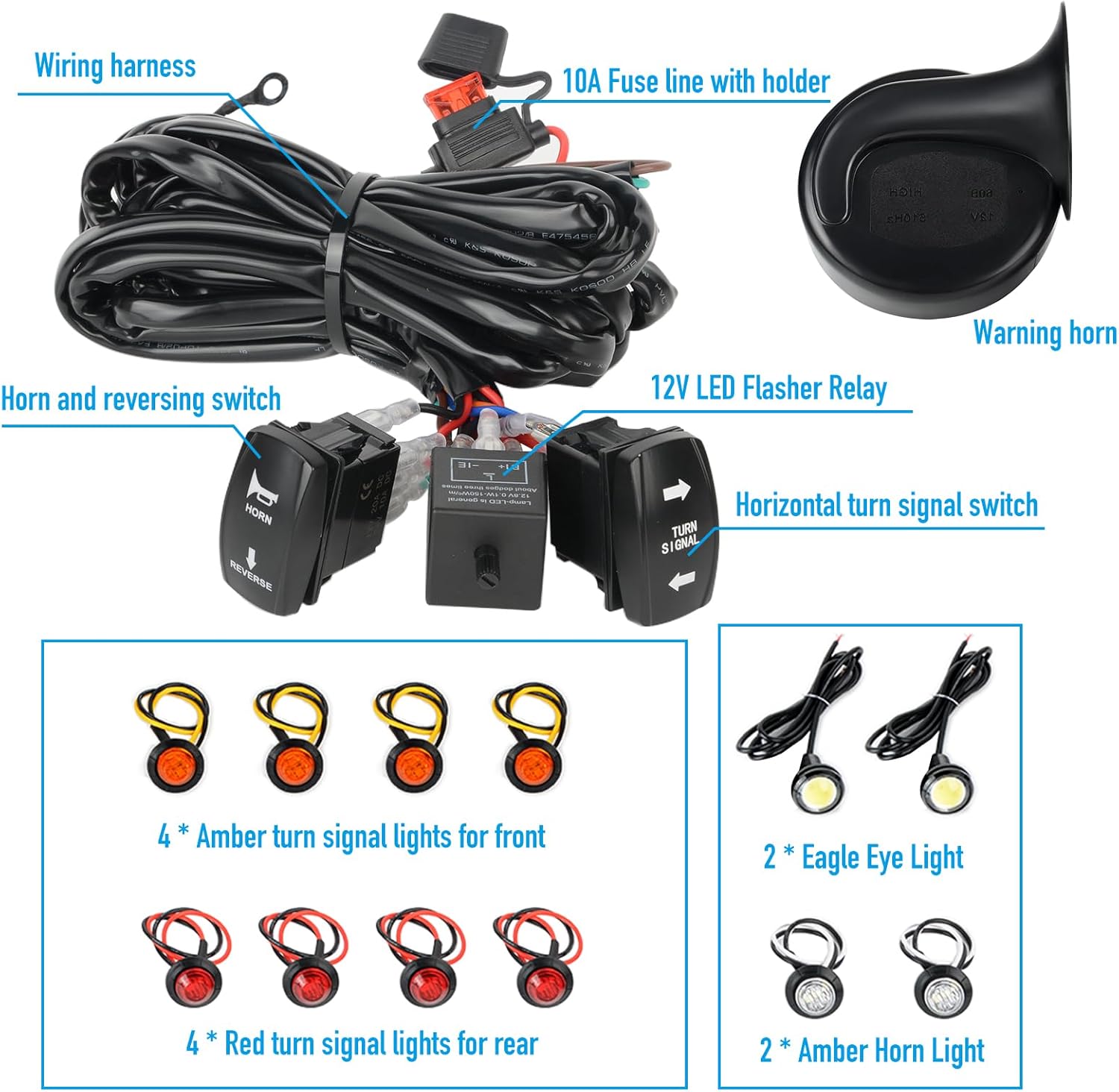 Kit de bocina UTV ATV y kit de señal de giro con interruptor basculante para Polaris RZR Ranger Honda Pioneer SXS Dirt Bike Turbo Can-Am Kawasaki