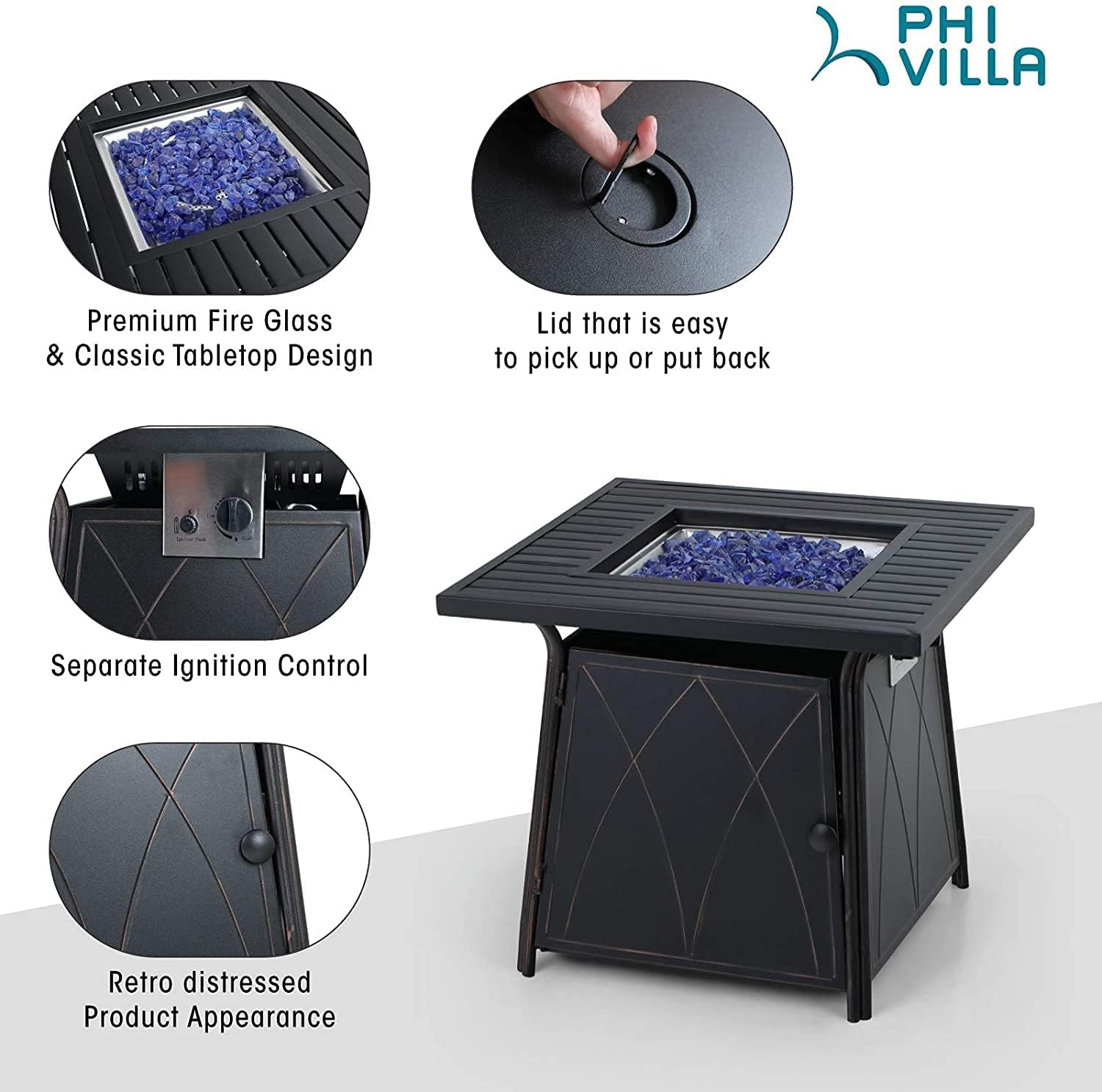 PHI VILLA Mesa para fogata de gas de 28 pulgadas, 50000 BTU cuadrada para exteriores con tapa y vidrio azul para patio, patio trasero y jardín,