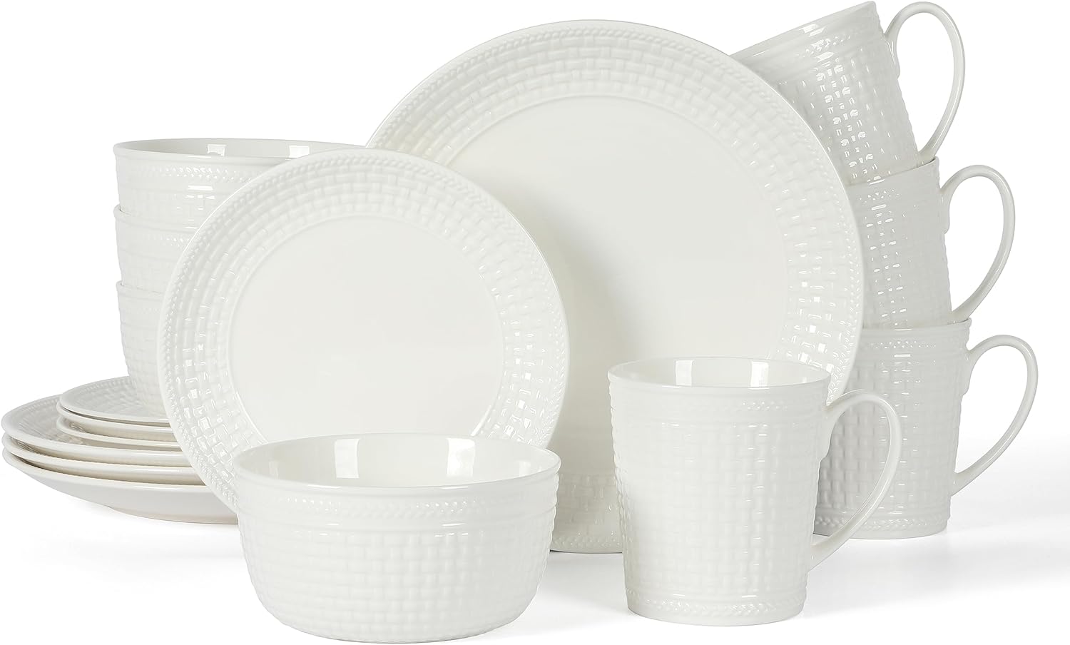 Martha Stewart Juego de vajilla de porcelana en relieve de porcelana de hueso de 16 piezas y resistente a los arañazos