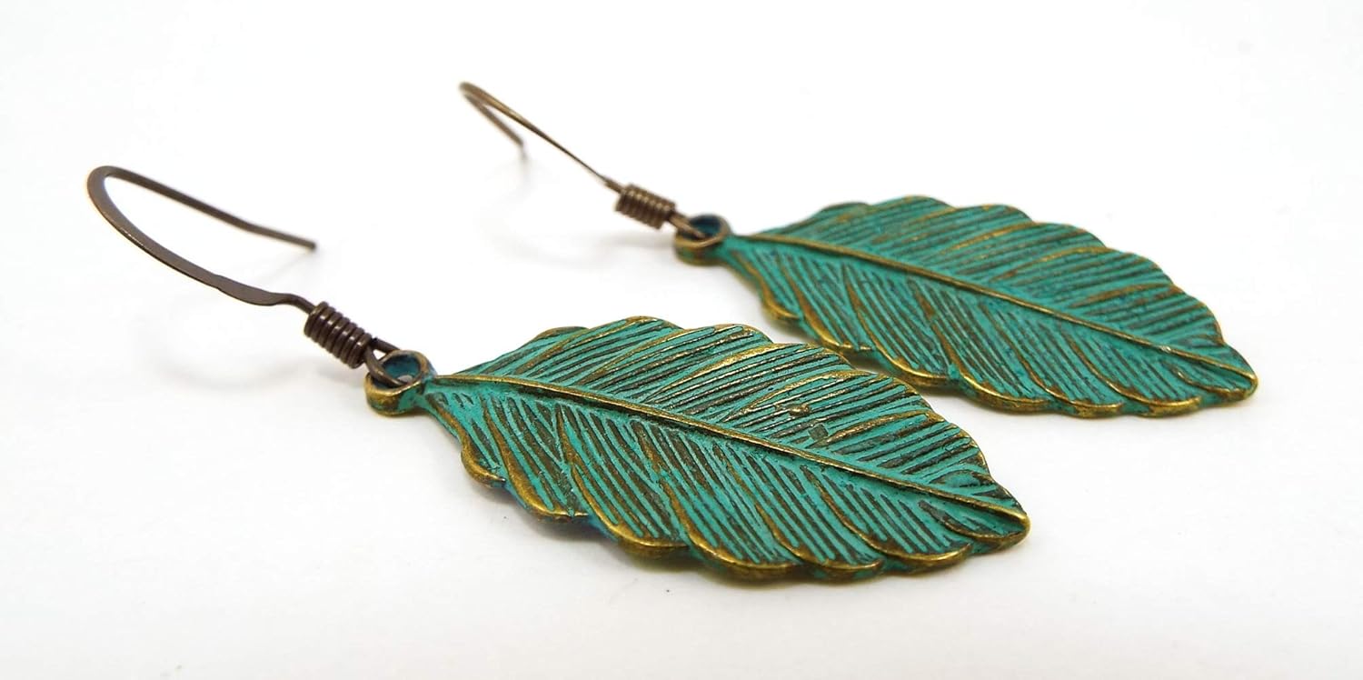 Metal Feather or Leaf Dangle Earrings with Teal Verdigris Patina over Brass with Antiqued Brass Ear Wires