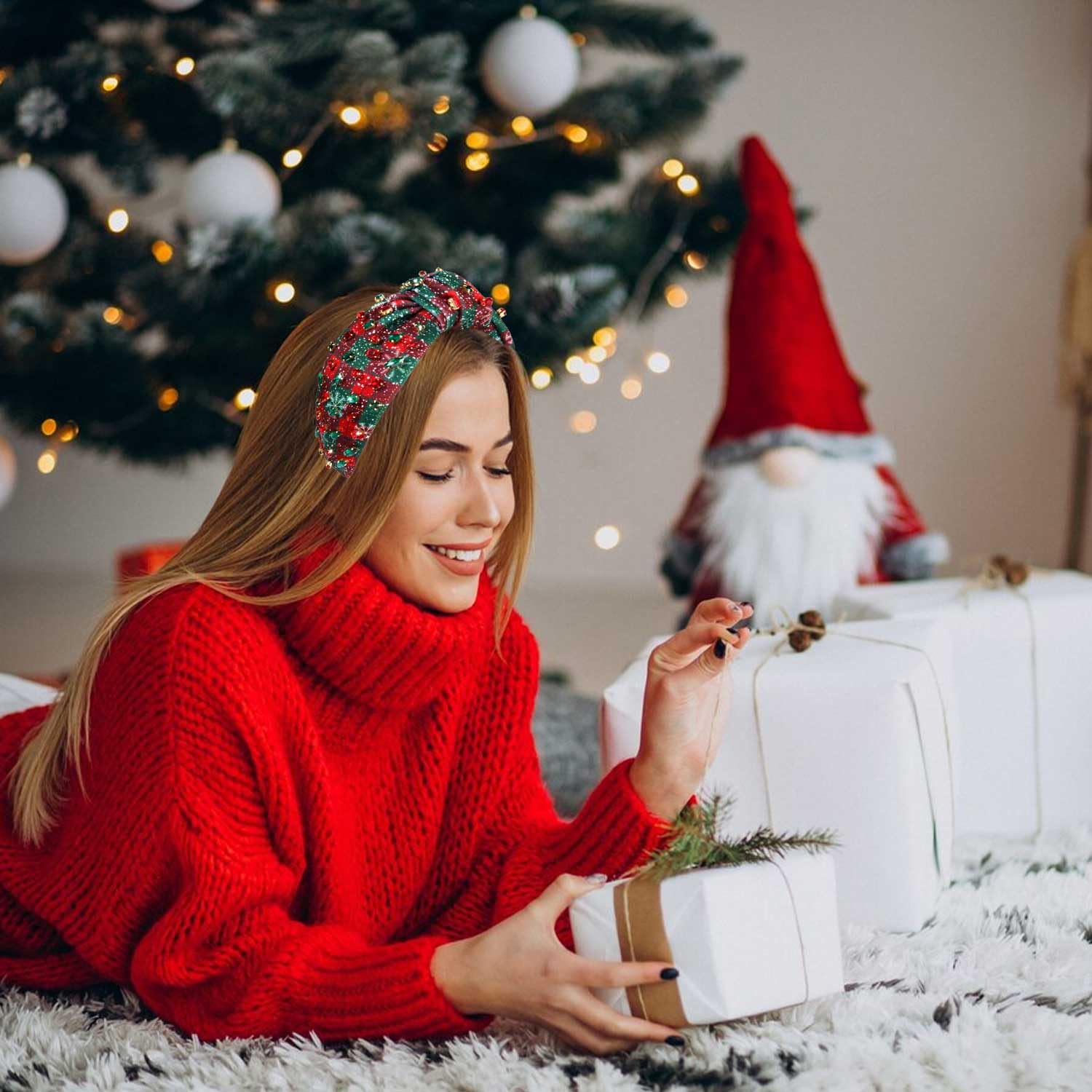 Diadema de Navidad para mujer, accesorios de Navidad, árbol de Navidad, copo de nieve, reno, bastón de caramelo, diadema anudada con perlas de