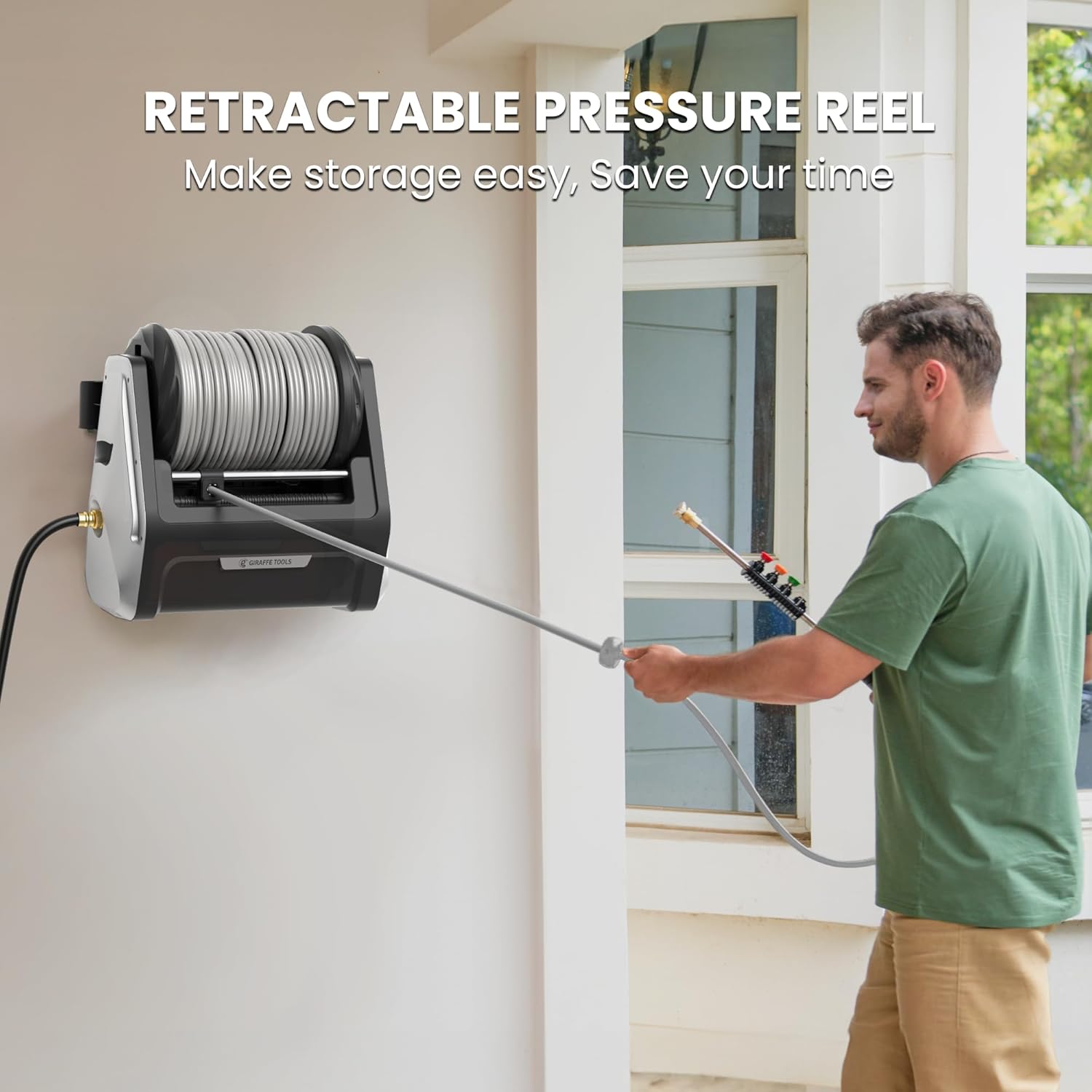 Giraffe Tools Grandfalls – Lavadora a presión Plus, lavadora eléctrica de montaje en pared con carrete retráctil de 100 pies, 2200 PSI, 2.4 GPM, 4