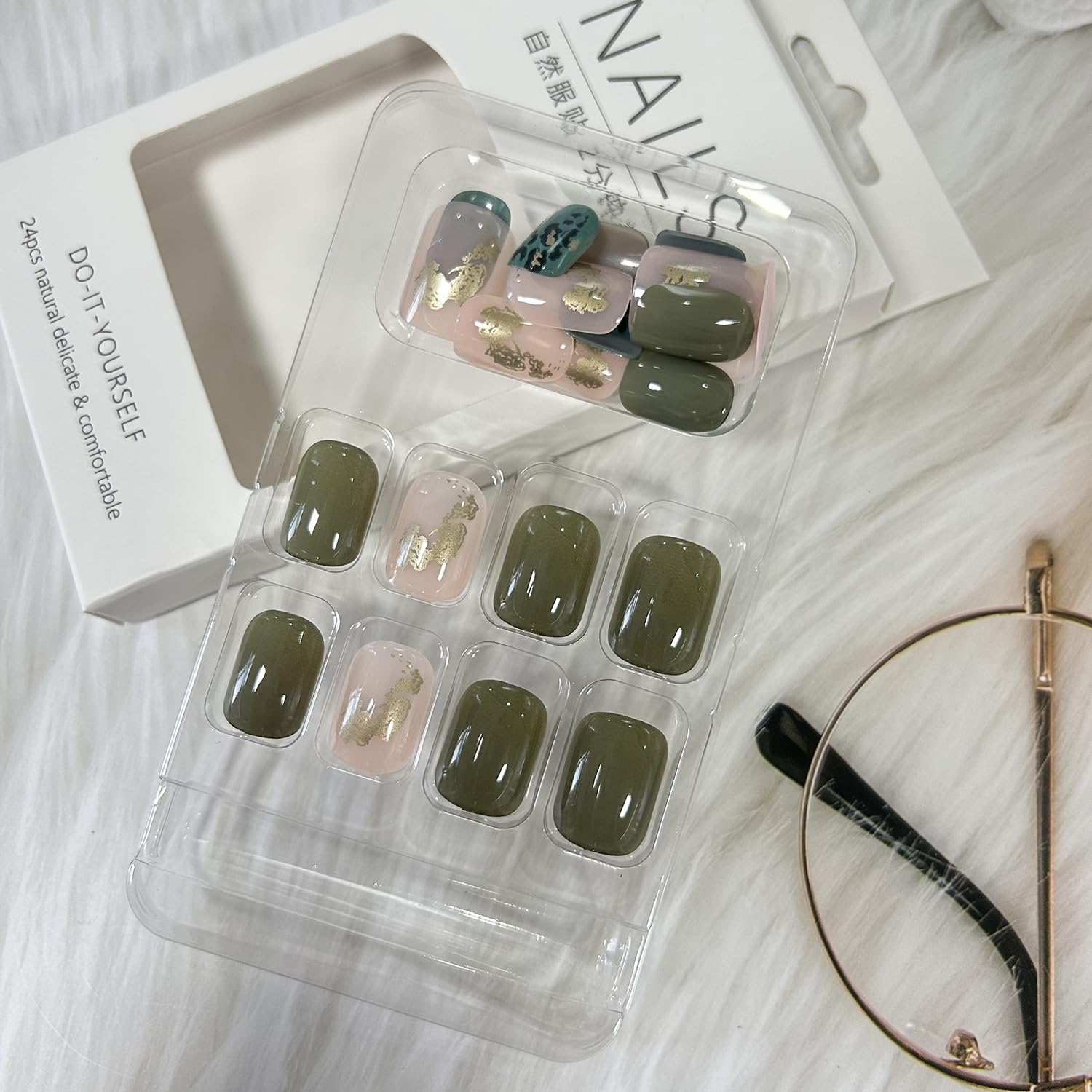 Uñas postizas cortas a presión cuadradas con diseño de lámina dorada, uñas postizas de leopardo verde, uñas acrílicas de cobertura completa, uñas