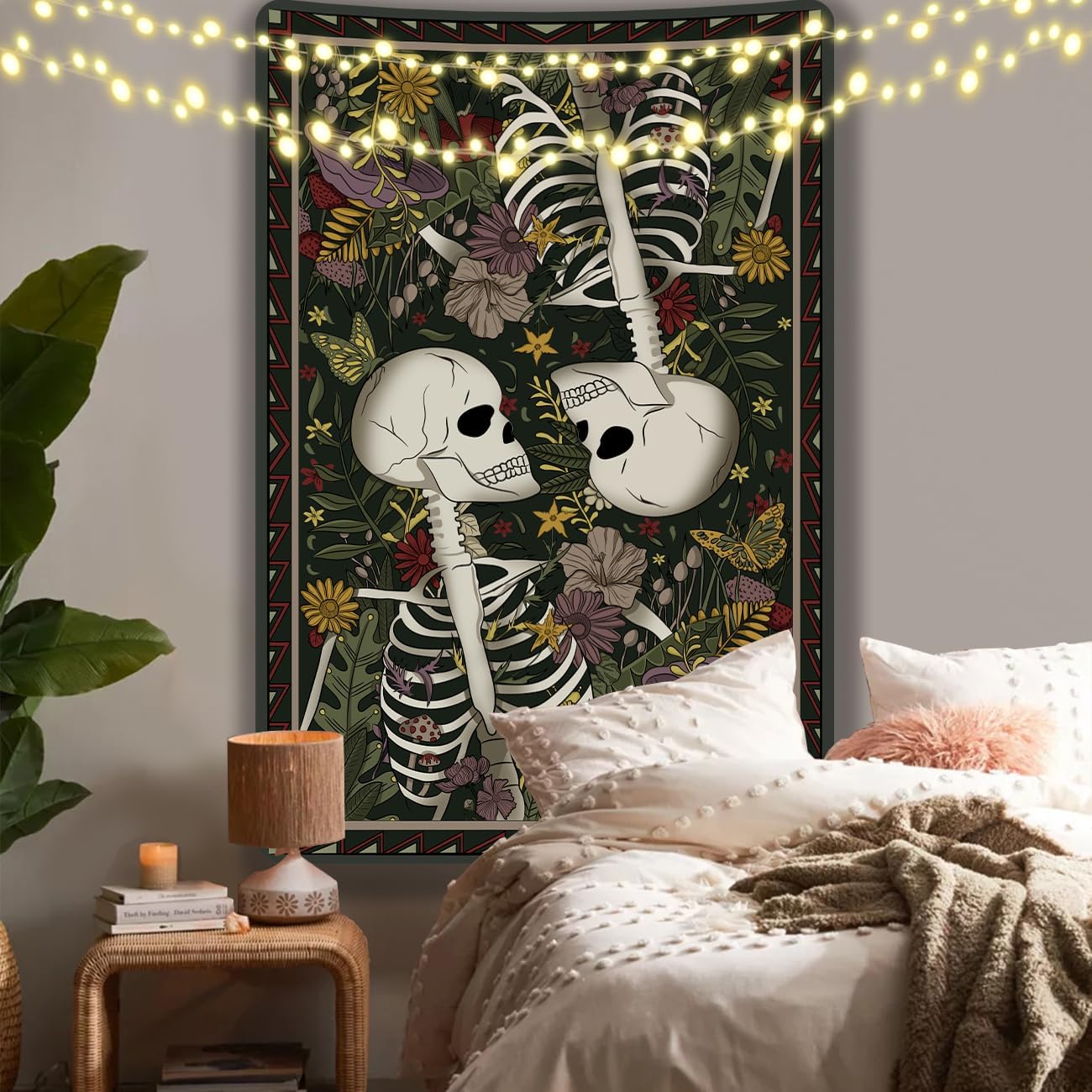 MAMHSABC Tapiz vintage de esqueleto, tapiz de calavera, tapiz de jardín, hongos, flores, plantas, tapiz de amor, tapiz colgante de pared para