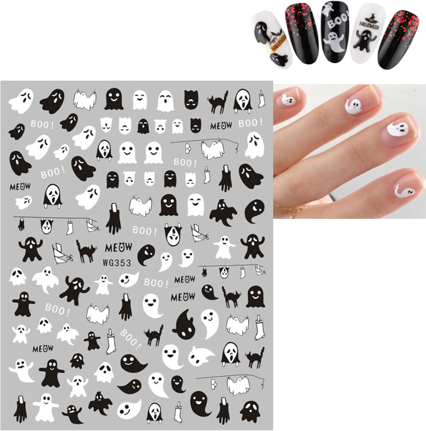 JMEOWIO 12 hojas de calcomanías de arte de uñas de Halloween, calcomanías autoadhesivas, uñas lindas de calavera fantasma, fantasma, suministros de