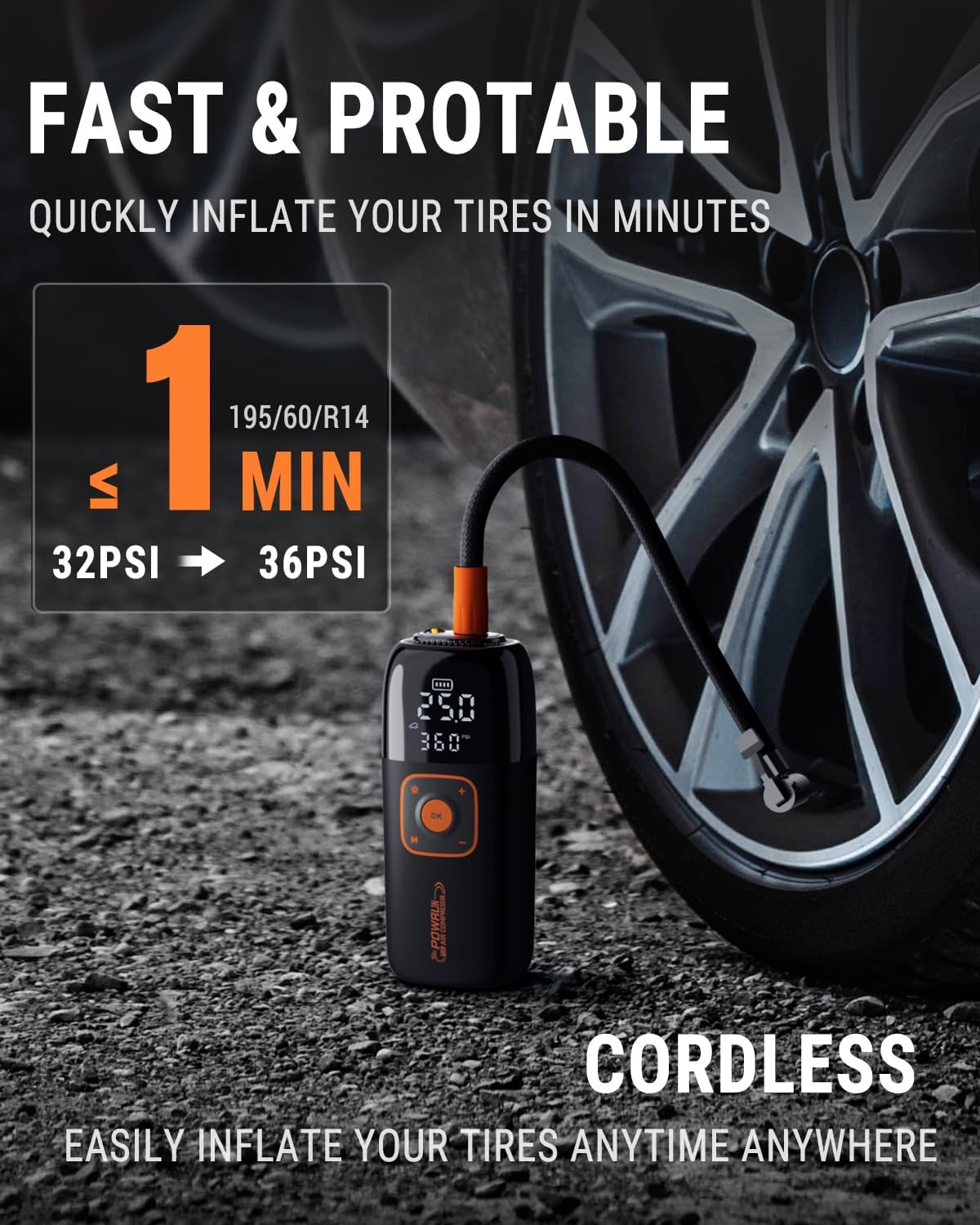 Powrun Compresor de aire portátil con inflador de neumáticos S8, bomba de neumáticos de coche de 150 PSI con batería de 6000 mAh, bomba de bicicleta
