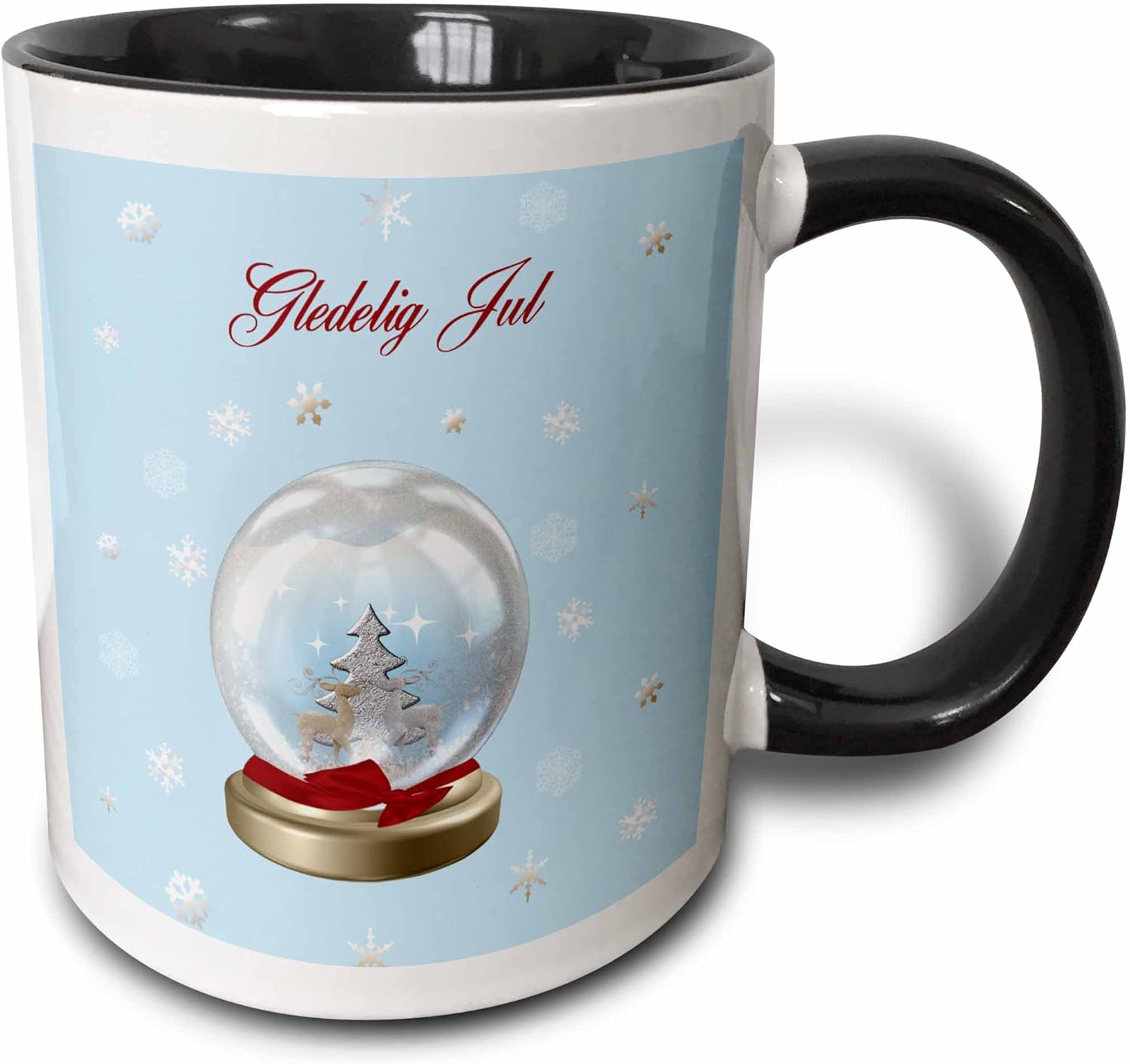 3dRose Taza de dos tonos, diseño de árbol de ciervos y copos de nieve, feliz Navidad en noruego, 11 onzas, color negro