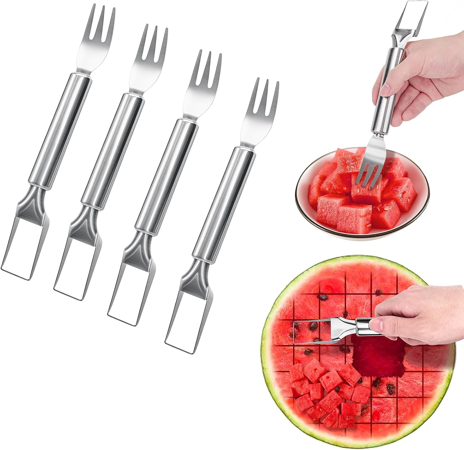 Cortador de tenedor de sandía, herramienta de corte de frutas de acero inoxidable 2 en 1, accesorios de cocina 2024, artículos esenciales para el