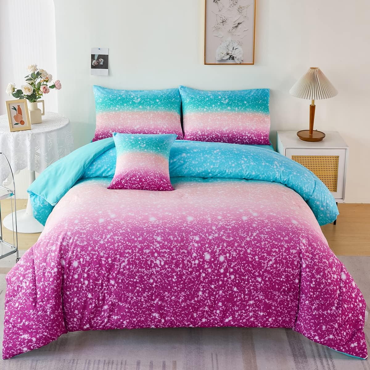 PERFEMET Juego de edredón Queen con sábanas, juego de ropa de cama de 6 piezas de teñido anudado arco iris para niñas, ropa de cama degradado con
