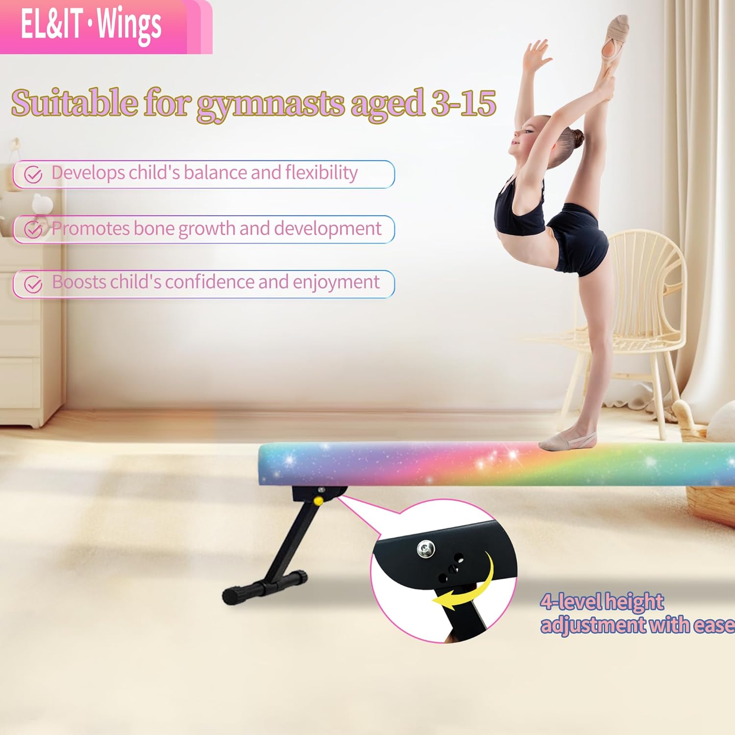 EL&ITWings Haz de equilibrio de gimnasia de 8 pies, haz de piso ajustable de nivel alto y bajo, altamente estable, equipo de entrenamiento de