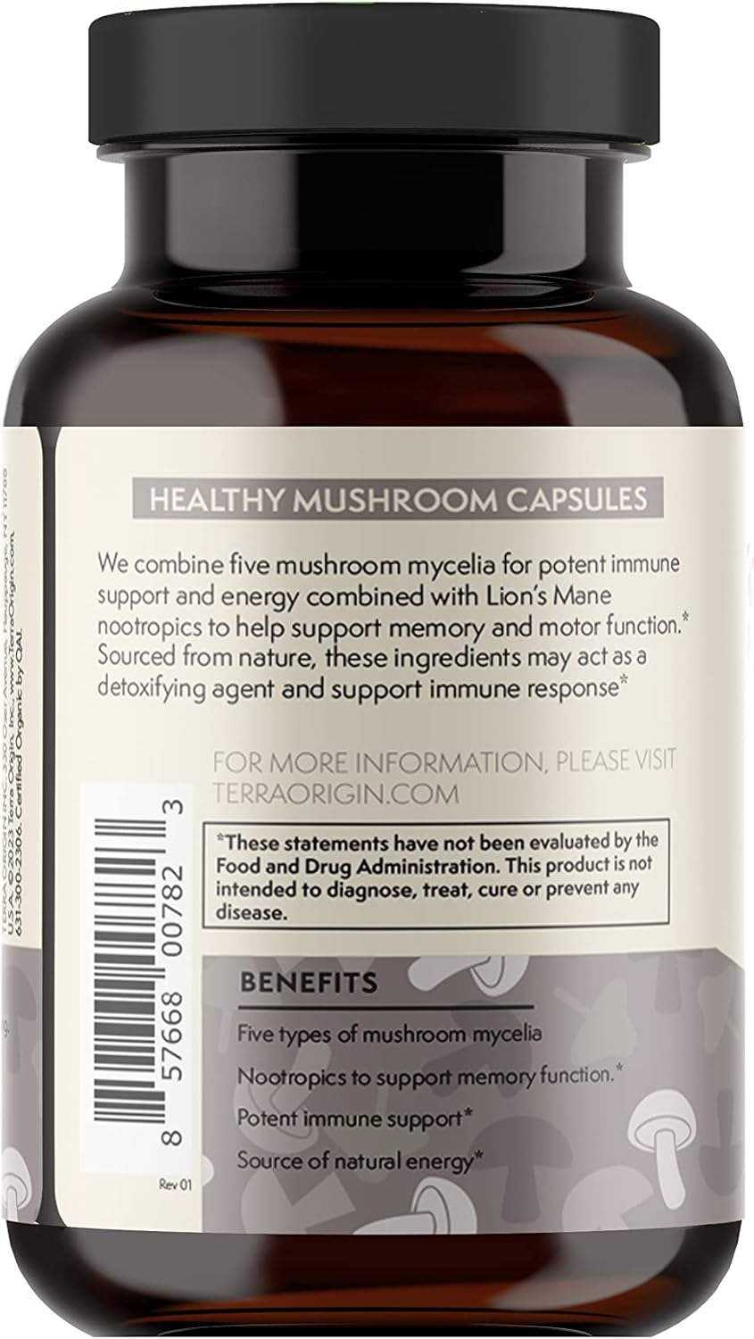 TERRA ORIGIN Cápsulas de hongos saludables  Certificado USDA Orgánico  90 cápsulas vegetales  Hongo Reishi, melena de león  Potente apoyo