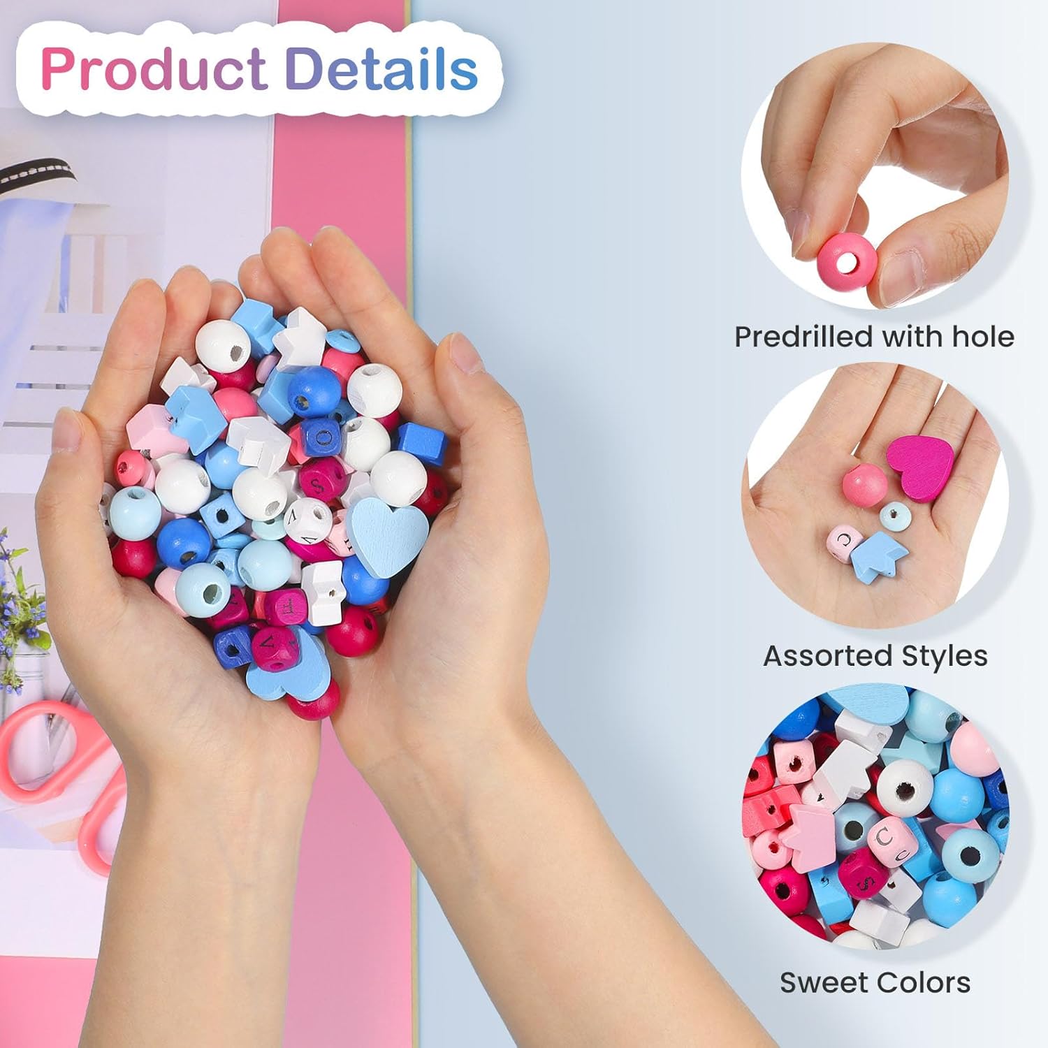 TXIN Juego de 520 cuentas de madera coloridas con agujero, cuentas de madera pintadas de estilo surtido, cubo de corazón redondo, cuentas