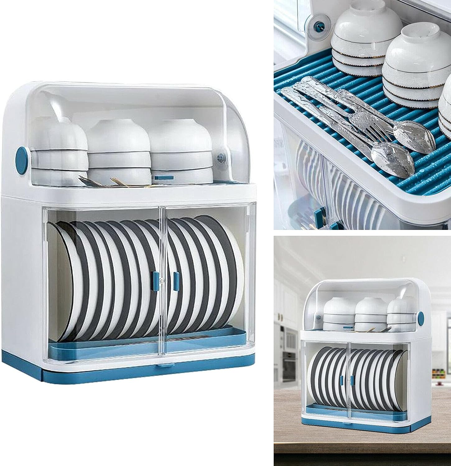 Escurridor de platos de cocina, caja de almacenamiento de plástico a prueba de polvo de 2 niveles, cesta para cubiertos, organizador de utensilios