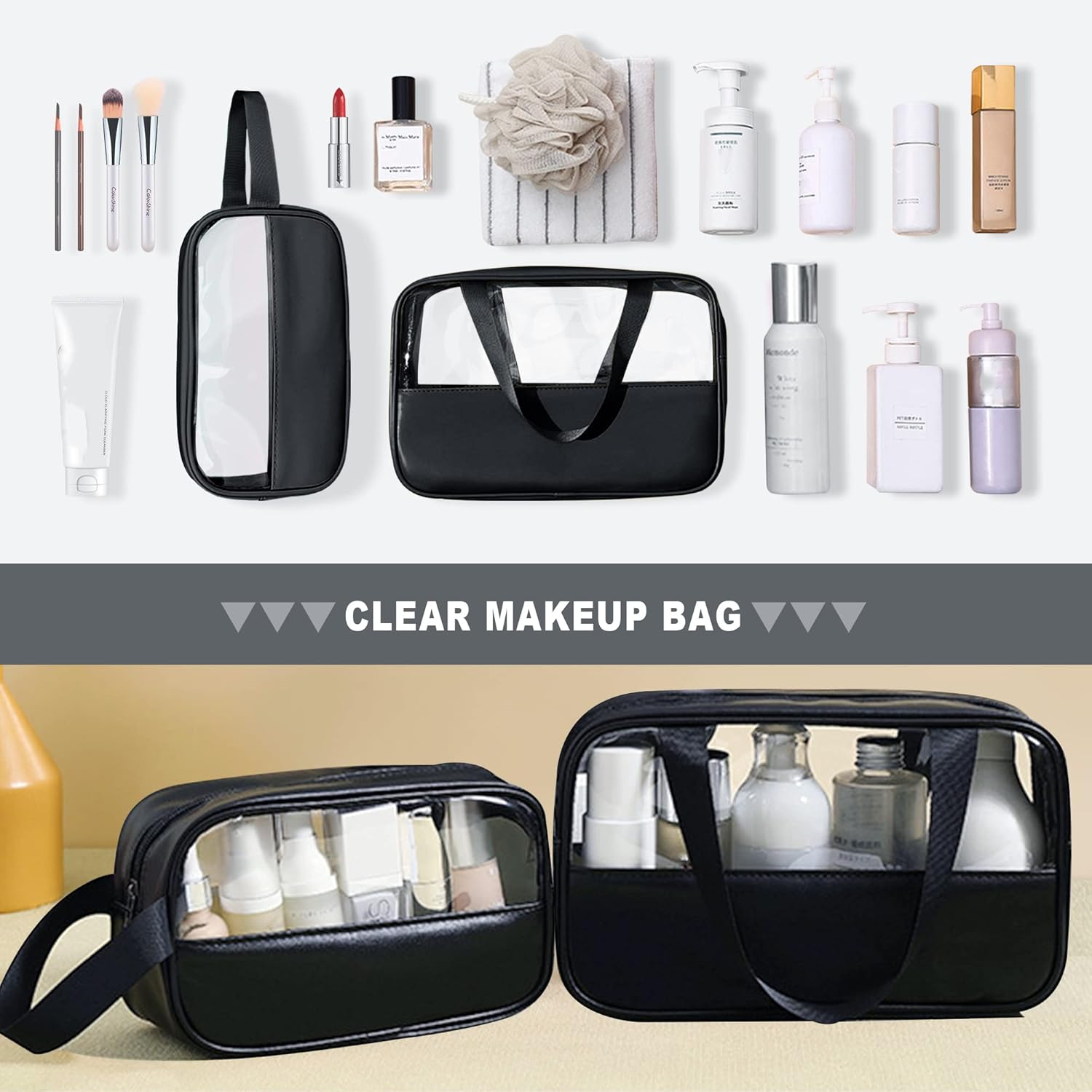 Bolsa de maquillaje transparente, juego de 2 bolsas de cosméticos, bolsa de maquillaje de viaje de PVC transparente, bolsa de aseo impermeable linda