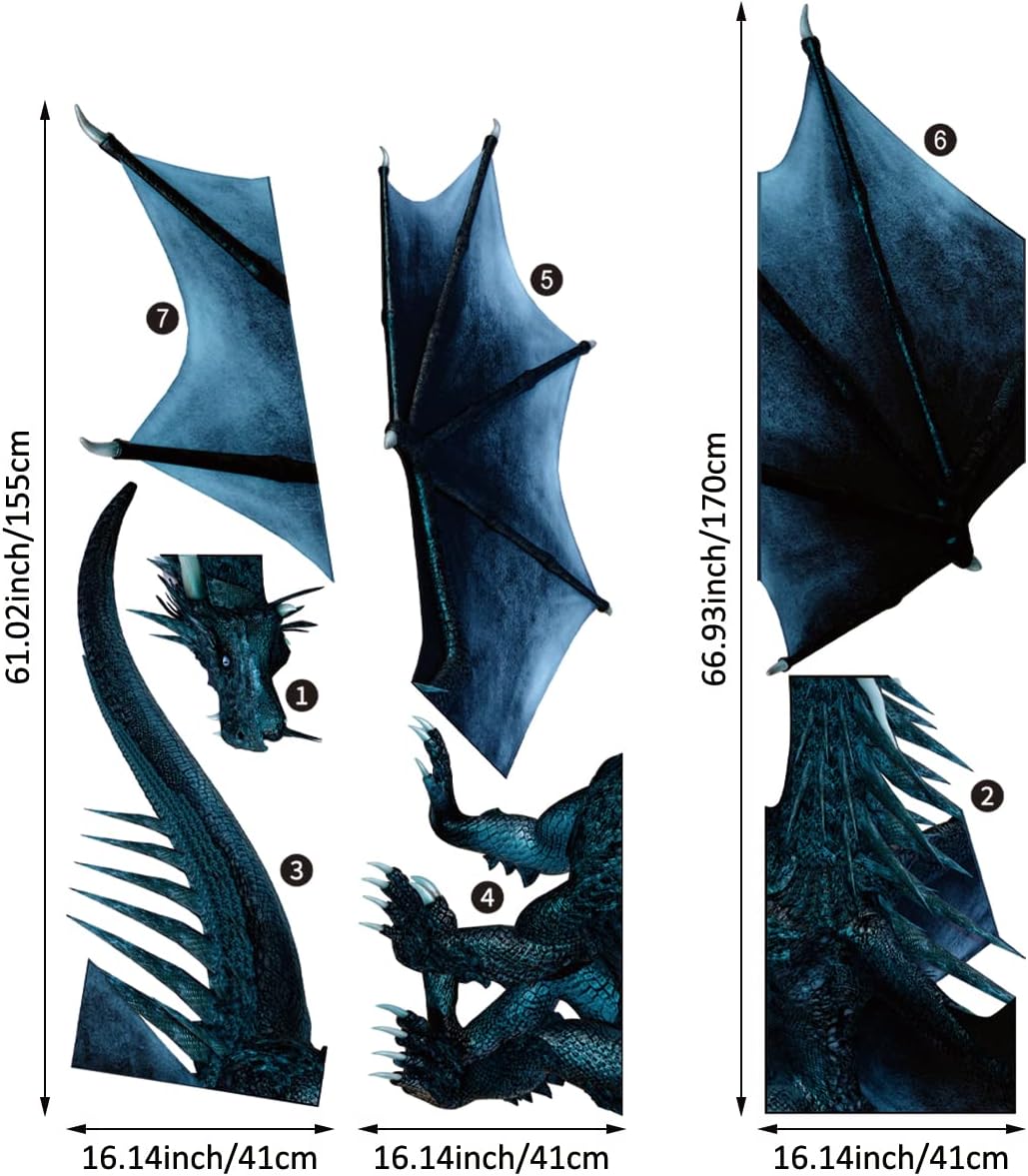 astrkiz Calcomanía de pared realista de dragón azul extra enorme, despegar y pegar, vinilo texturizado de dragón mural, decoración de pared de