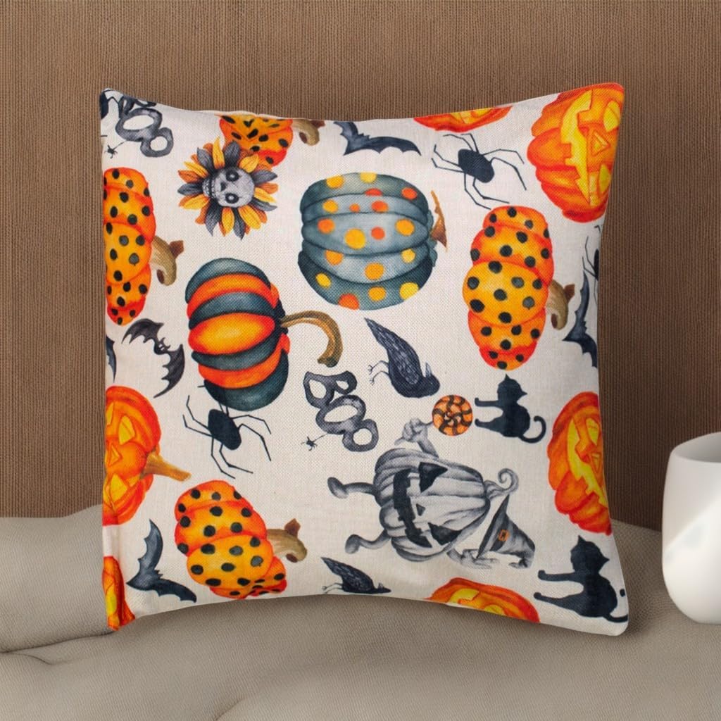 Gesyesor Fundas de almohada decorativas de Halloween de 18 x 18 pulgadas, diseño de calabaza, naranja y negro, funda de almohada de lino para sofá