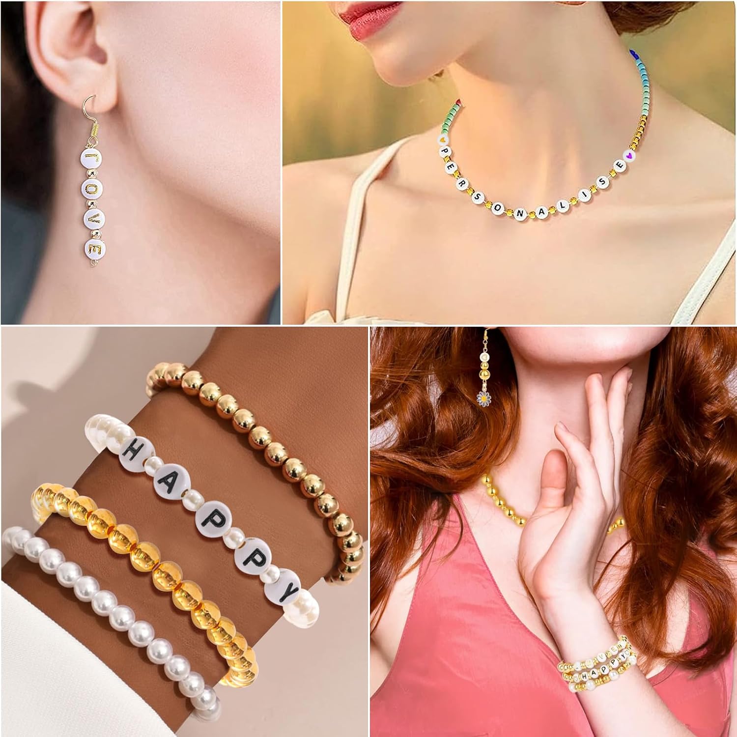 500 cuentas de letras para fabricación de joyas de 0.166 x 0.276 pulgadas, cuentas redondas blancas de la letra A para pulseras, cuentas del
