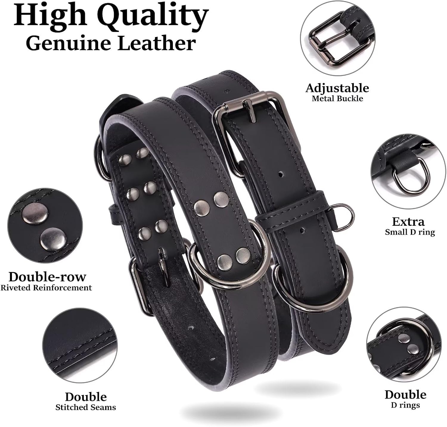 Didog Collar de perro de cuero genuino, duradero y suave, resistente con anillos dobles en D, collar de perro negro ajustable con hebilla de metal