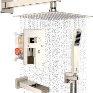 SR SUN RISE Juego de grifo de bañera de metal de 12 pulgadas, sistema de ducha con boquilla de bañera, cabezal de ducha de lluvia cuadrado y SR SUN RISE Juego de grifo de bañera de metal de 12 pulgadas, sistema de ducha con boquilla de bañera, cabezal de ducha de lluvia cuadrado y
